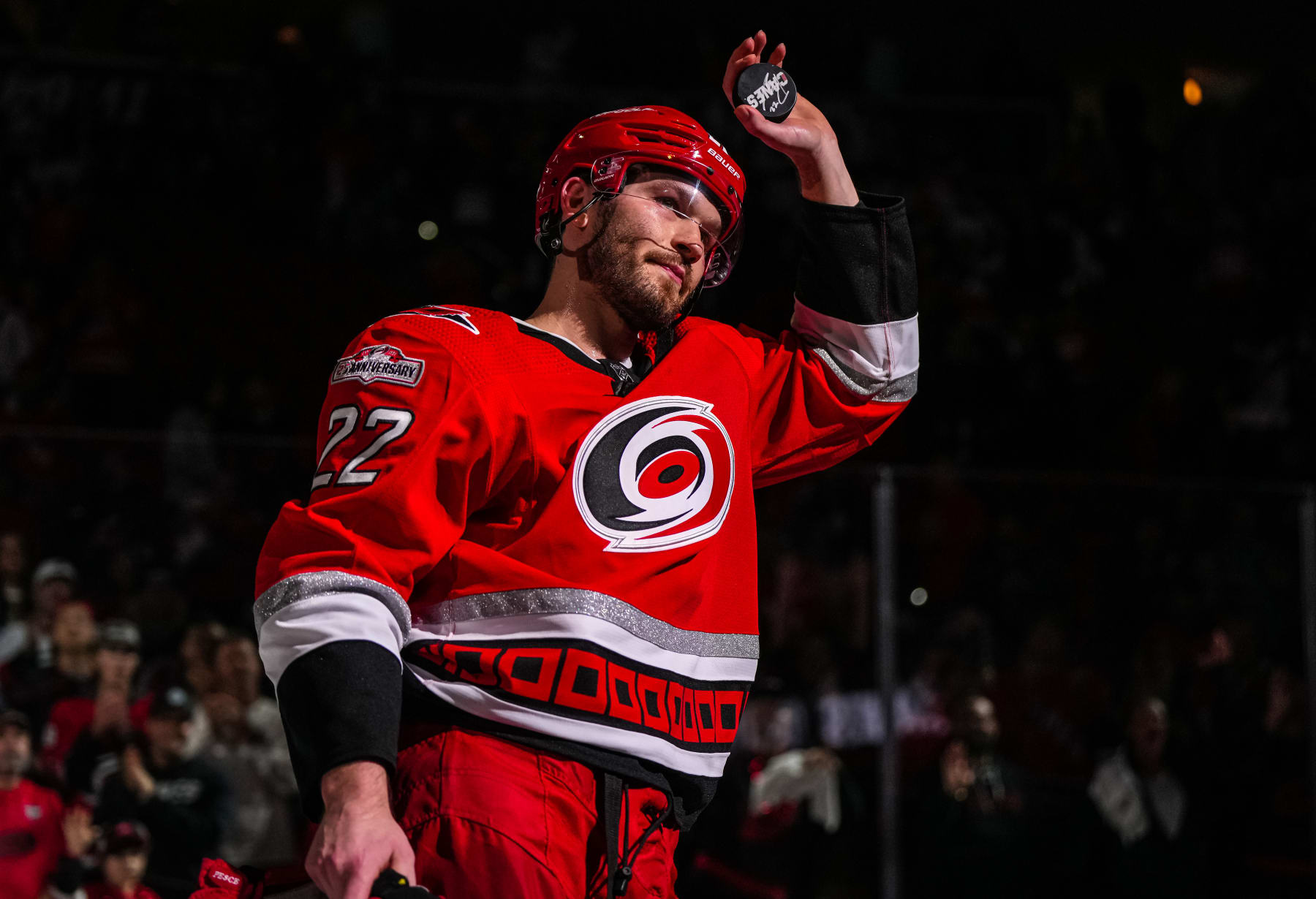 RALEIGH, NORTH CAROLINA - MAY 03: Brett Pesce of the Carolina Hurricanes is recognized as one of the stars of the game after the victory against the New Jersey Devils in Game One of the Second Round of the 2023 Stanley Cup Playoffs at PNC Arena on May 03, 2023 in Raleigh, North Carolina. (Photo by Josh Lavallee/NHLI via Getty Images)
