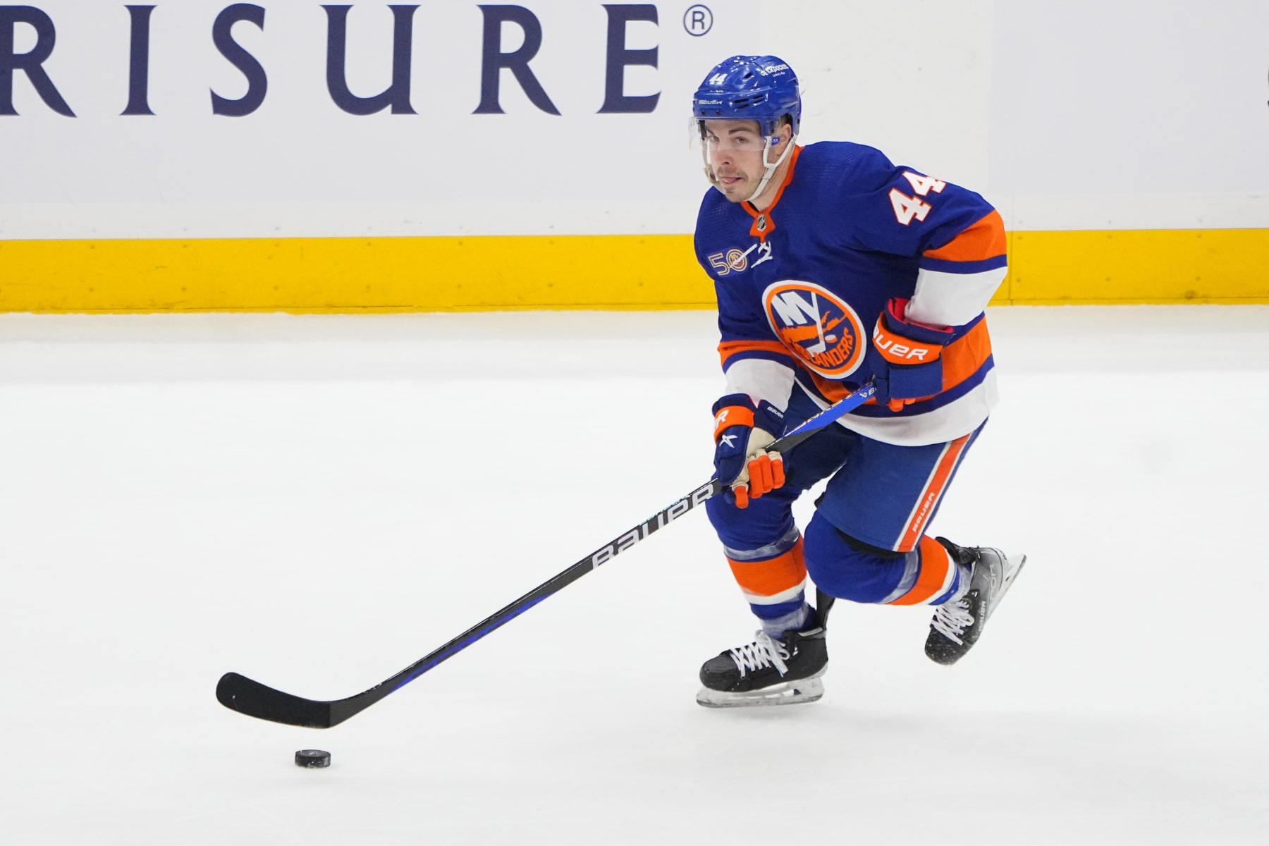 ELMONT, NY - APRIL 21: New York Islanders Center Jean-Gabriel Pageau (44) skates with the puck during the first period  of Game 3 of the National Hockey League Eastern Conference First Round Playoff game between the Carolina Hurricanes and New York Islanders on April 21, 2023, at UBS Arena in Elmont, NY.  (Photo by Gregory Fisher/Icon Sportswire via Getty Images)