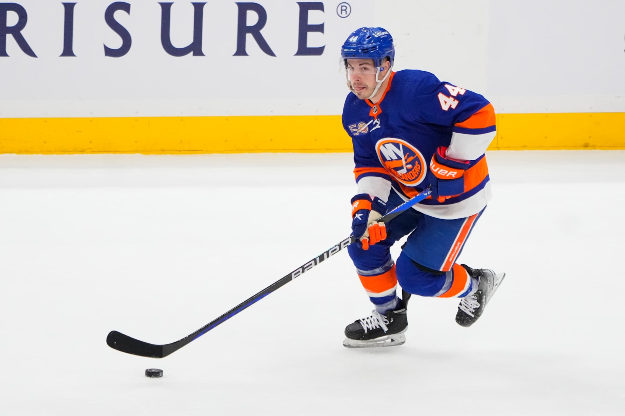 ELMONT, NY - APRIL 21: New York Islanders Center Jean-Gabriel Pageau (44) skates with the puck during the first period  of Game 3 of the National Hockey League Eastern Conference First Round Playoff game between the Carolina Hurricanes and New York Islanders on April 21, 2023, at UBS Arena in Elmont, NY.  (Photo by Gregory Fisher/Icon Sportswire via Getty Images)