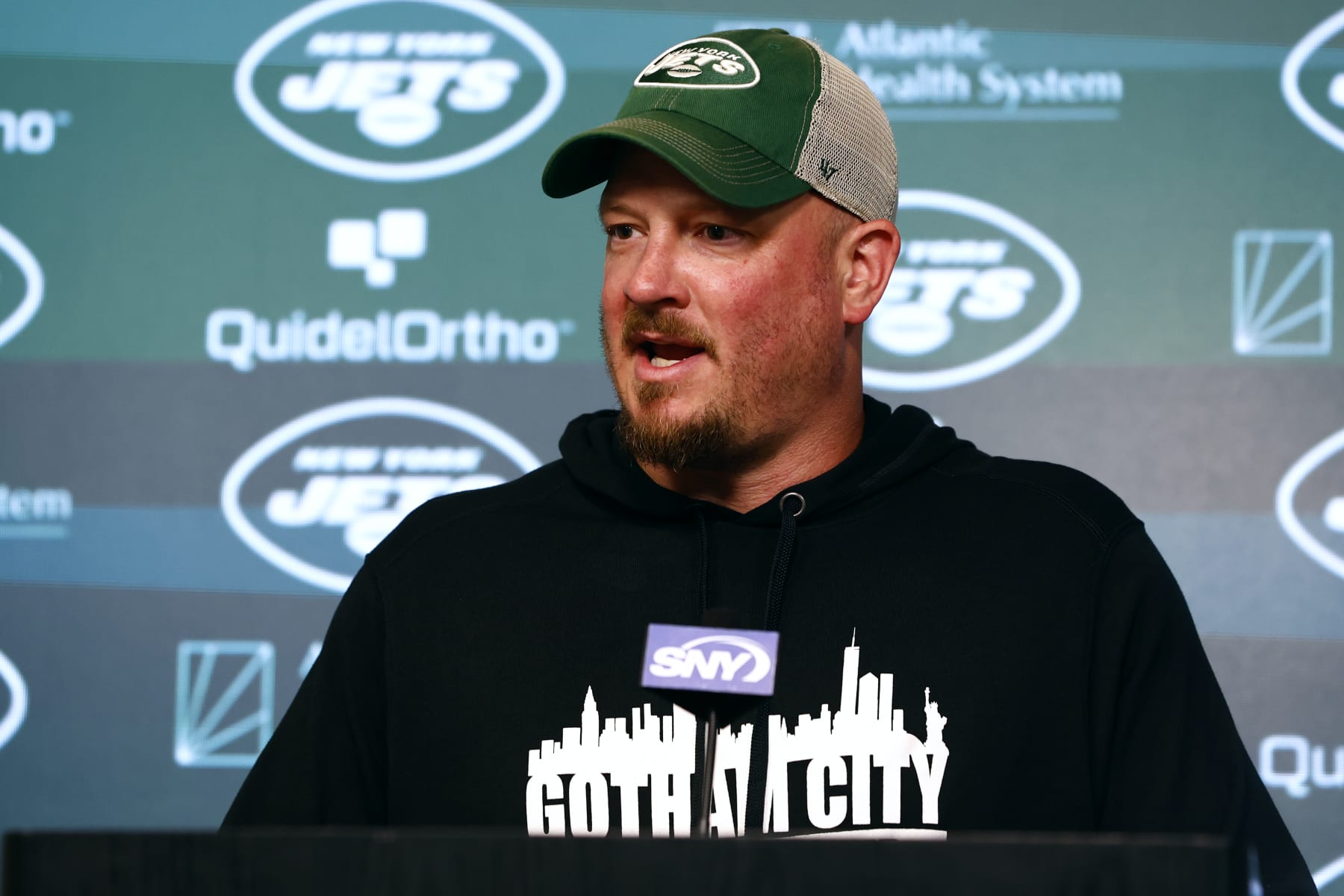 FLORHAM PARK, NEW JERSEY - JUNE 9: Offensive coordinator Nathaniel Hackett of the New York Jets talks to reporters after the teams OTAs at Atlantic Health Jets Training Center on June 9, 2023 in Florham Park, New Jersey. (Photo by Rich Schultz/Getty Images)