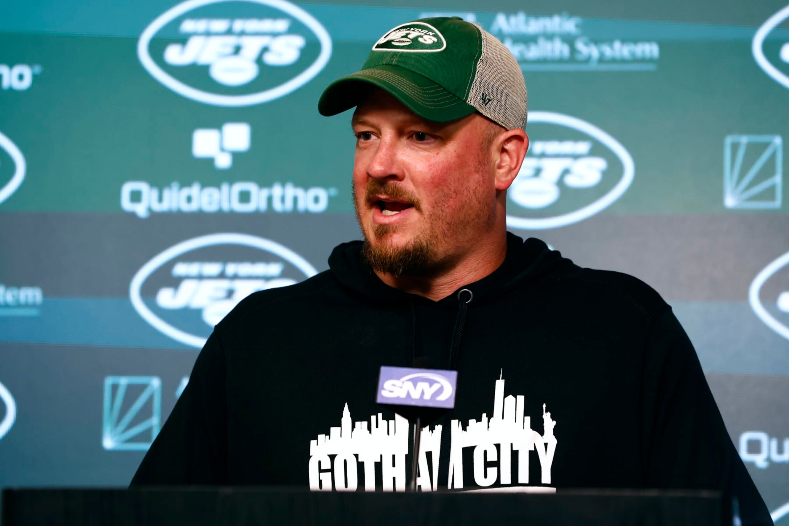 FLORHAM PARK, NEW JERSEY - JUNE 9: Offensive coordinator Nathaniel Hackett of the New York Jets talks to reporters after the teams OTAs at Atlantic Health Jets Training Center on June 9, 2023 in Florham Park, New Jersey. (Photo by Rich Schultz/Getty Images)