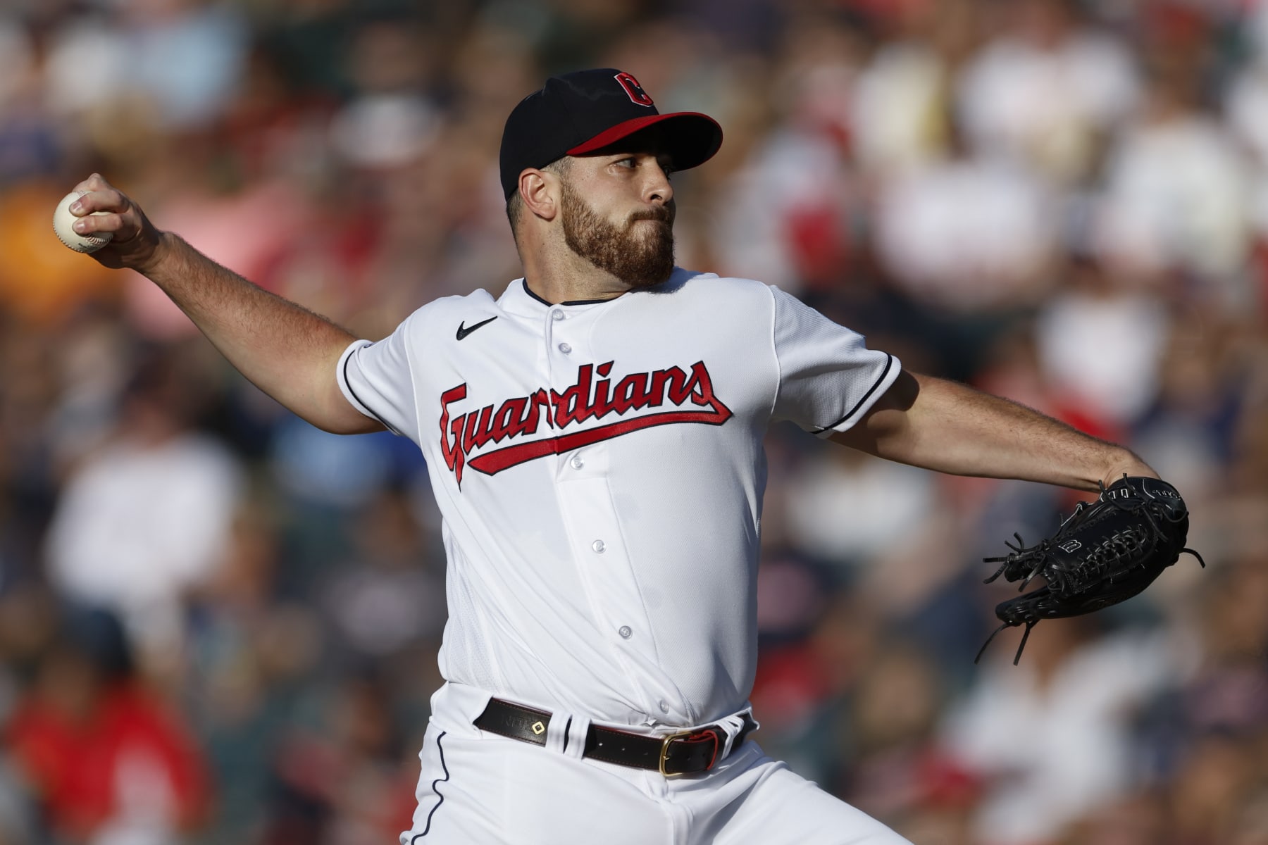 CLEVELAND, OH - JULY 07: Aaron Civale #43 of the Cleveland Guardians pitches against the Kansas City Royals during the first inning at Progressive Field on July 07, 2023 in Cleveland, Ohio. (Photo by Ron Schwane/Getty Images)