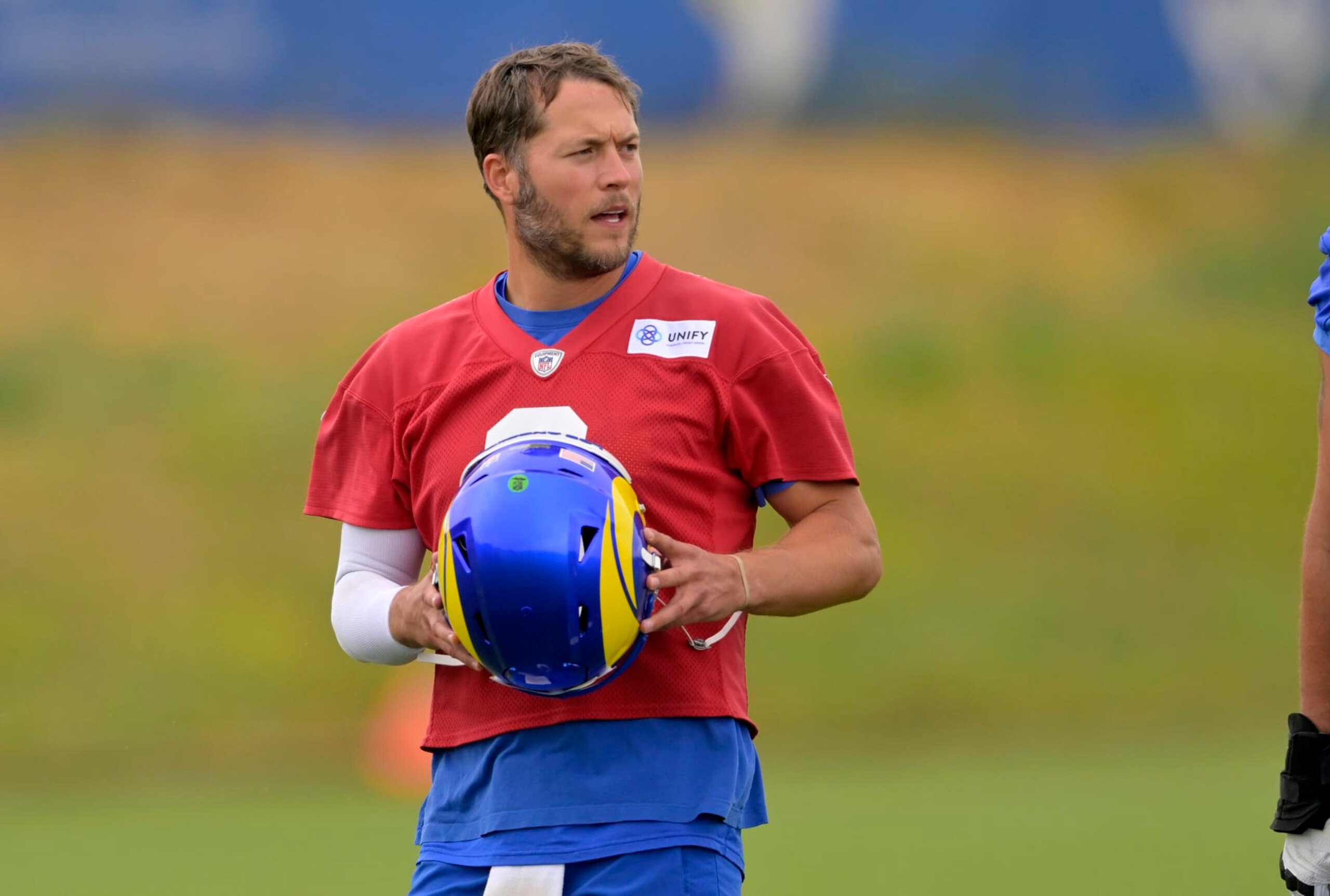 THOUSAND OAKS, CALIFORNIA - MAY 23: Quarterback Matthew Stafford #9 of the Los Angeles Rams participates in offseason workouts at California Lutheran University on May 23, 2023 in Thousand Oaks, California. (Photo by Jayne Kamin-Oncea/Getty Images)