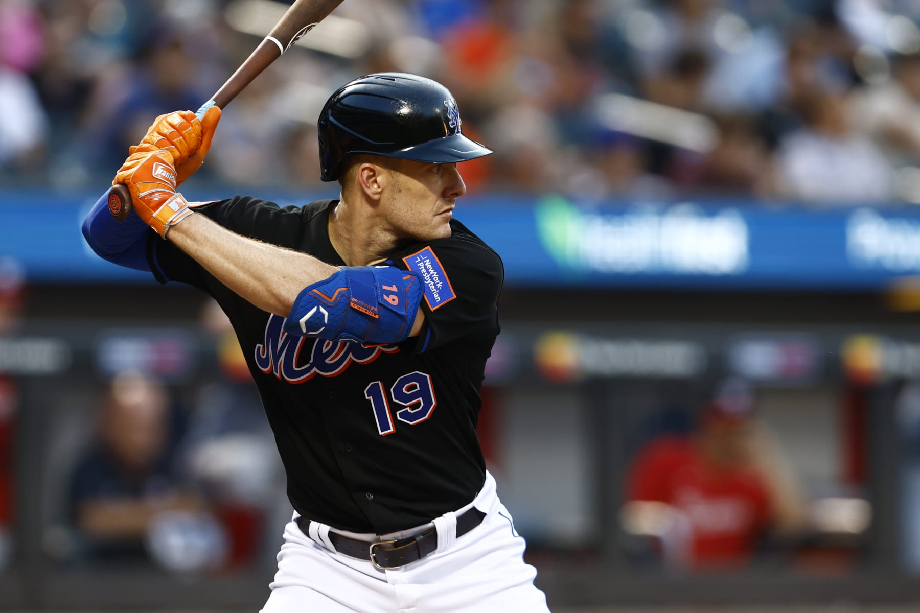 NEW YORK, NEW YORK - JULY 28: Mark Canha #19 of the New York Mets in action against the Washington Nationals during a game at Citi Field on July 28, 2023 in New York City. (Photo by Rich Schultz/Getty Images)
