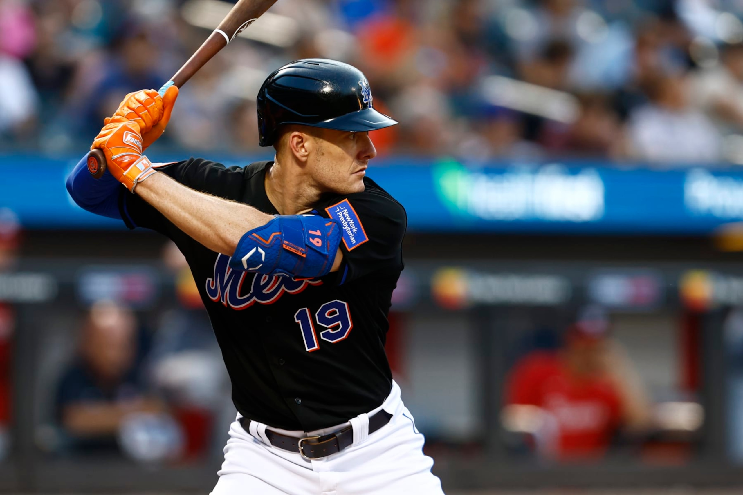 NEW YORK, NEW YORK - JULY 28: Mark Canha #19 of the New York Mets in action against the Washington Nationals during a game at Citi Field on July 28, 2023 in New York City. (Photo by Rich Schultz/Getty Images)