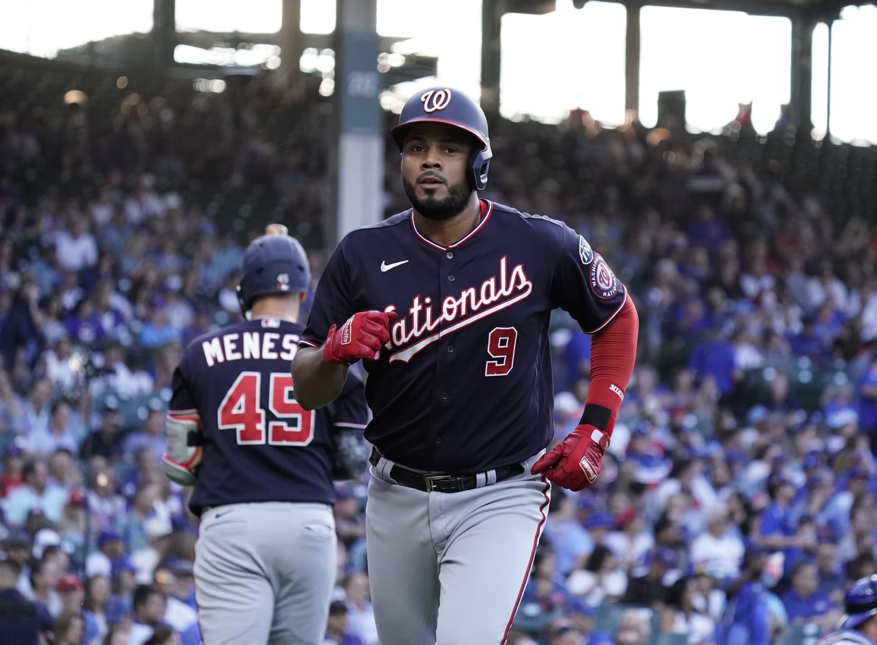 CHICAGO, ILLINOIS - JULY 17: Jeimer Candelario #9 of the Washington Nationals reacts after a two-run home run against the Chicago Cubs at Wrigley Field on July 17, 2023 in Chicago, Illinois. (Photo by Nuccio DiNuzzo/Getty Images)
