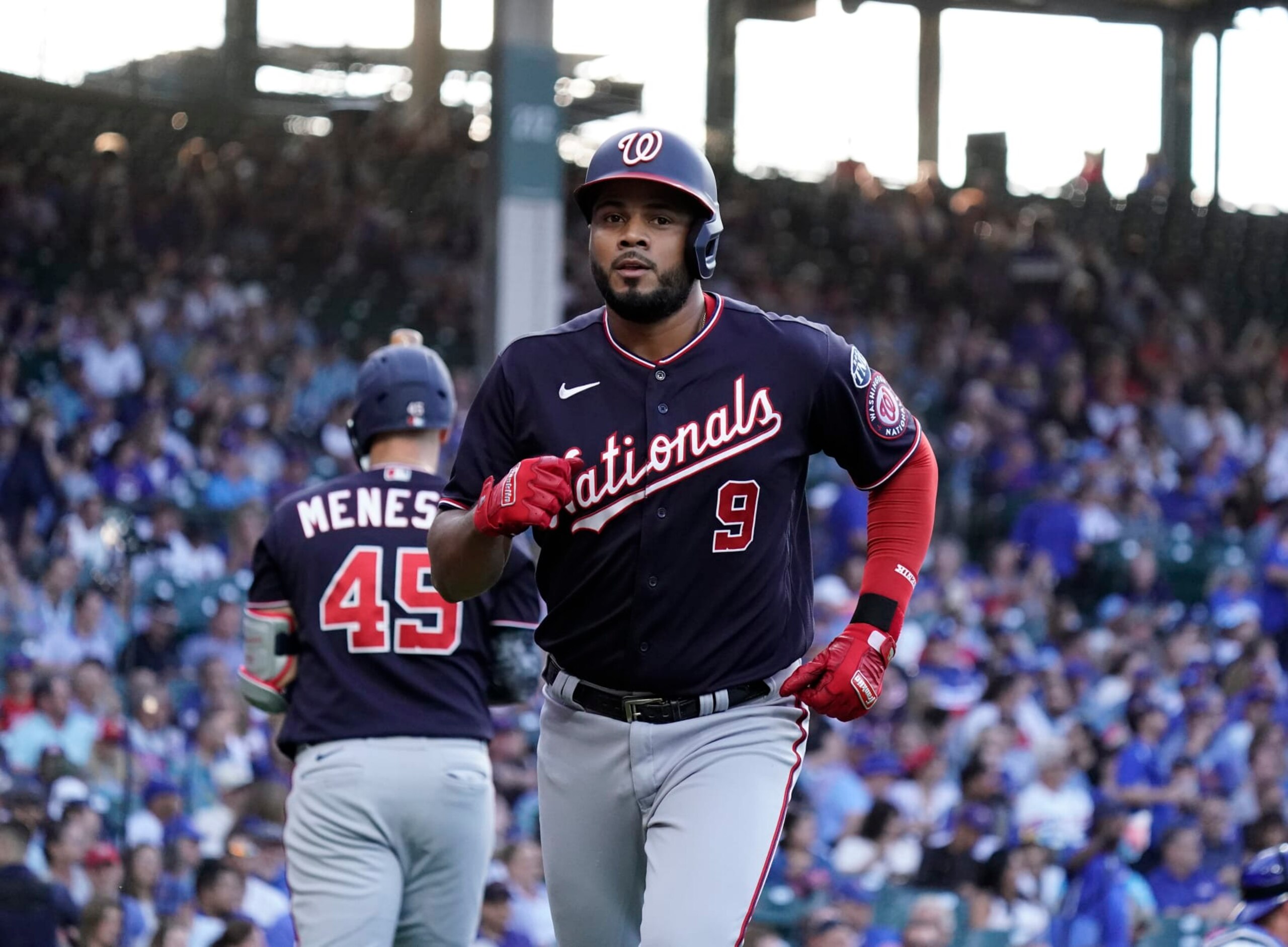 CHICAGO, ILLINOIS - JULY 17: Jeimer Candelario #9 of the Washington Nationals reacts after a two-run home run against the Chicago Cubs at Wrigley Field on July 17, 2023 in Chicago, Illinois. (Photo by Nuccio DiNuzzo/Getty Images)