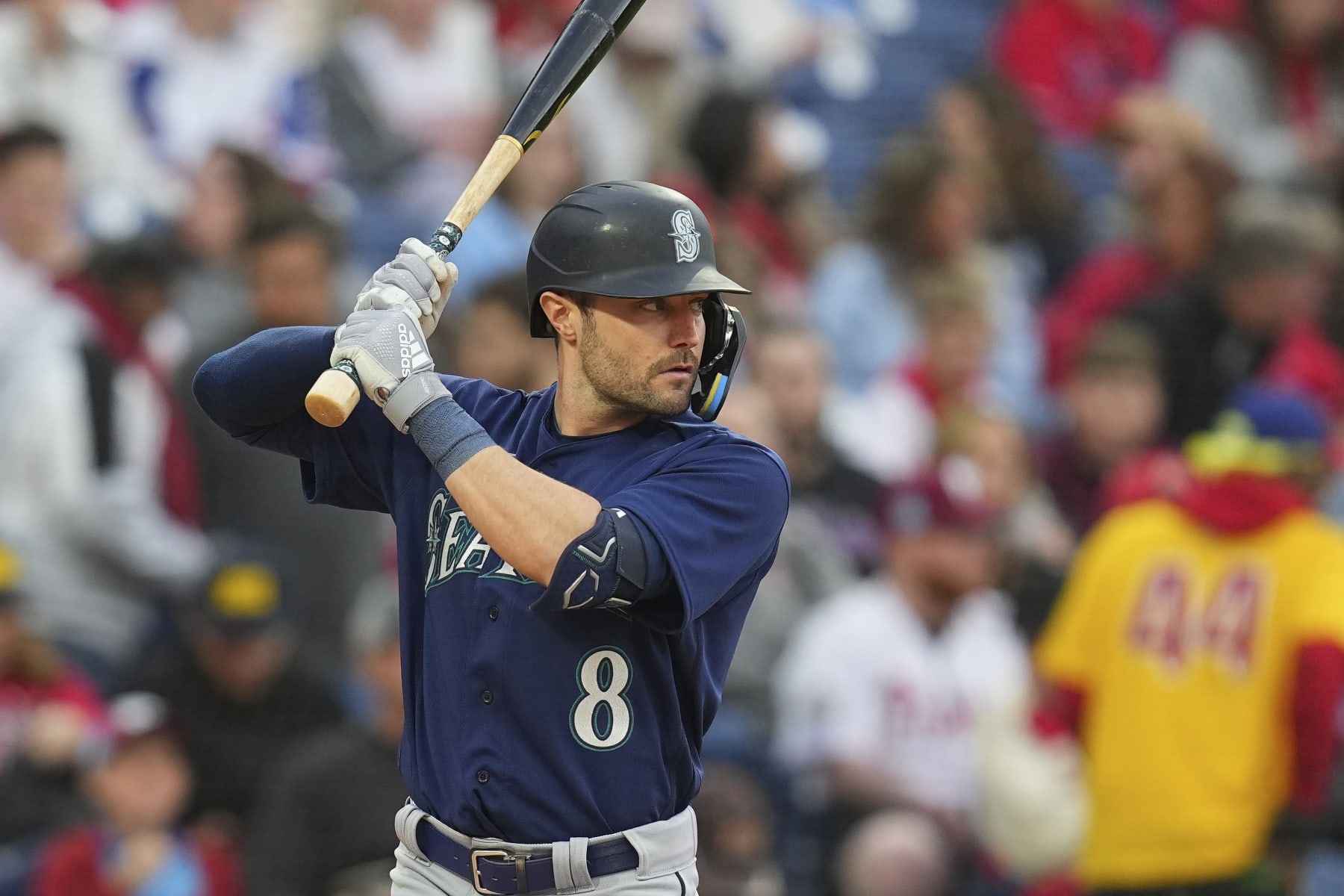 PHILADELPHIA, PA - APRIL 25: AJ Pollock #8 of the Seattle Mariners bats against the Philadelphia Phillies at Citizens Bank Park on April 25, 2023 in Philadelphia, Pennsylvania. (Photo by Mitchell Leff/Getty Images)