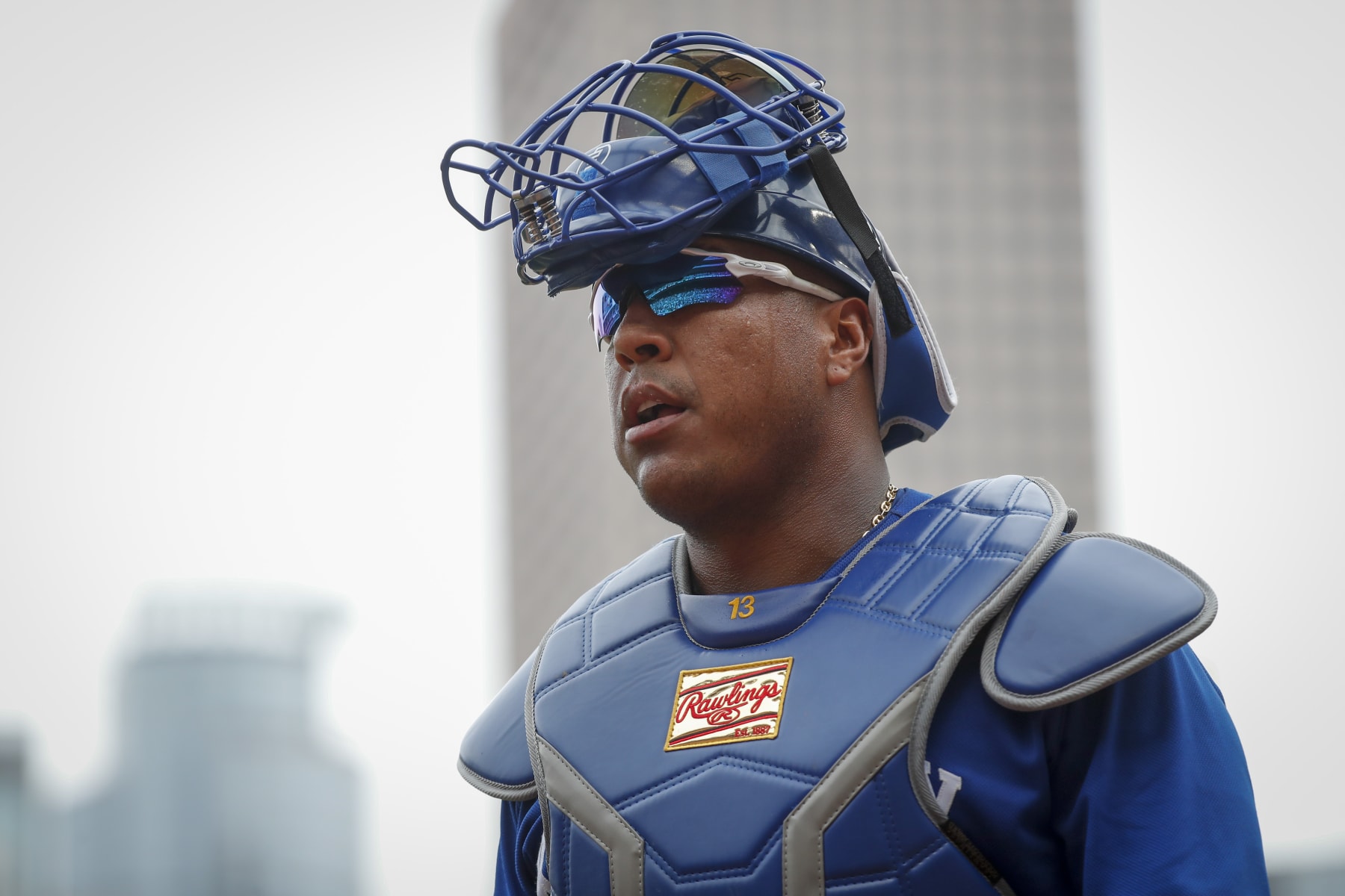 Kansas City Royals catcher Salvador Perez walks off the field against the Minnesota Twins in the eighth inning of a baseball game Tuesday, July 4, 2023, in Minneapolis. The Twins won 9-3. (AP Photo/Bruce Kluckhohn)