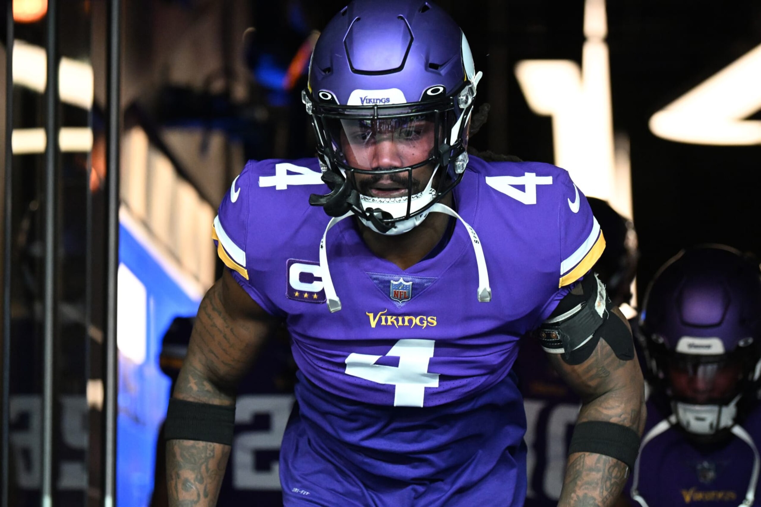 MINNEAPOLIS, MINNESOTA - JANUARY 15: Dalvin Cook #4 of the Minnesota Vikings walks out prior to the NFC Wild Card playoff game against the New York Giants at U.S. Bank Stadium on January 15, 2023 in Minneapolis, Minnesota. (Photo by Stephen Maturen/Getty Images)