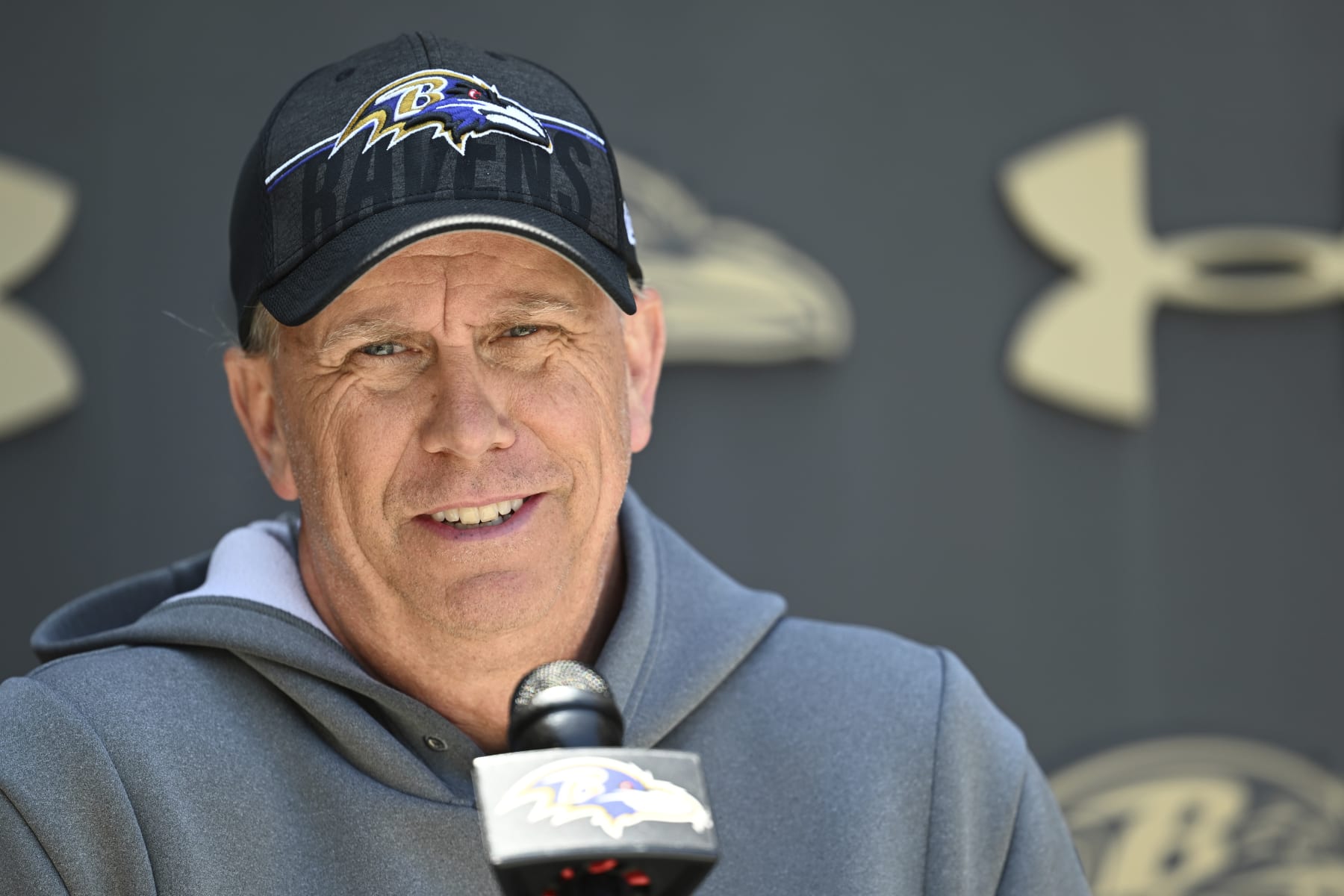 Baltimore Ravens offensive coordinator Todd Monken takes questions from the media before NFL football practice Wednesday, June 14, 2023, in Owings Mills, Md. (AP Photo/Gail Burton)