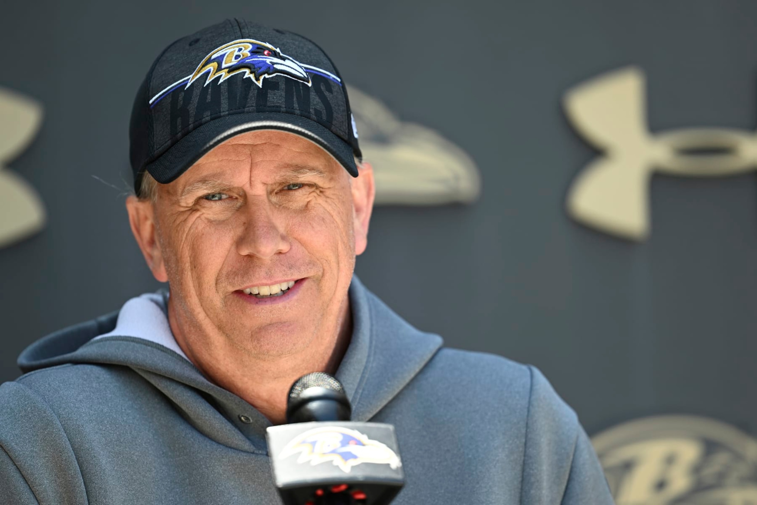 Baltimore Ravens offensive coordinator Todd Monken takes questions from the media before NFL football practice Wednesday, June 14, 2023, in Owings Mills, Md. (AP Photo/Gail Burton)