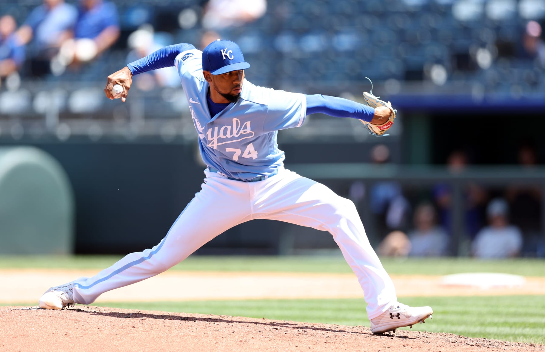 KANSAS CITY, MISSOURI - JULY 20:  Jose Cuas #74 of the Kansas City Royals pitches during the game against the Detroit Tigers at Kauffman Stadium on July 20, 2023 in Kansas City, Missouri. (Photo by Jamie Squire/Getty Images)