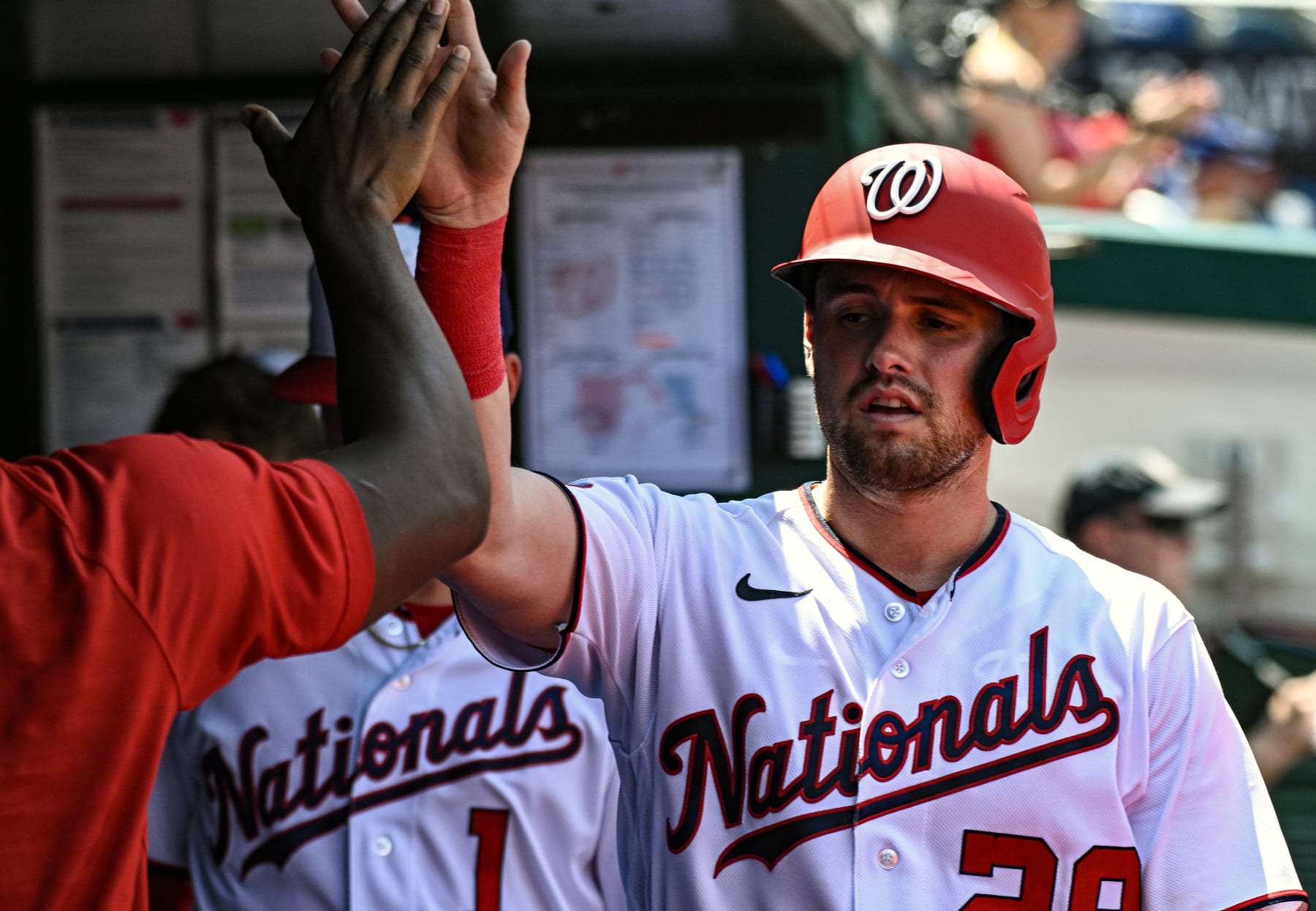 WASHINGTON, DC - July 23: Washington Nationals right fielder Lane Thomas (28) is congratulated in the dugout after scoring during the San Fransisco Giants versus the Washington Nationals on July 23, 2023 at Nationals Park in Washington, D.C.  (Photo by Mark Goldman/Icon Sportswire via Getty Images)