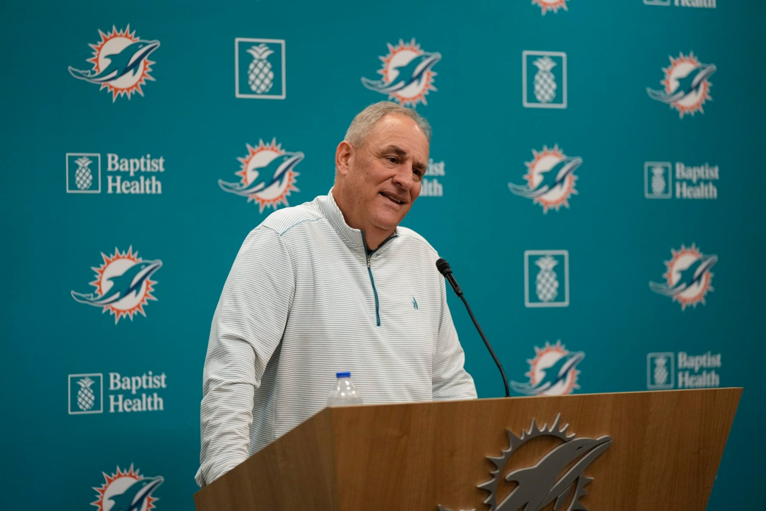 FILE - Miami Dolphins defensive coordinator Vic Fangio speaks during an NFL football press conference to introduce him, Monday, Feb. 20, 2023, in Miami Gardens, Fla. Dolphins GM Chris Grier improved the defense by bringing in respected defensive mind Vic Fangio. (AP Photo/Rebecca Blackwell, FIle)