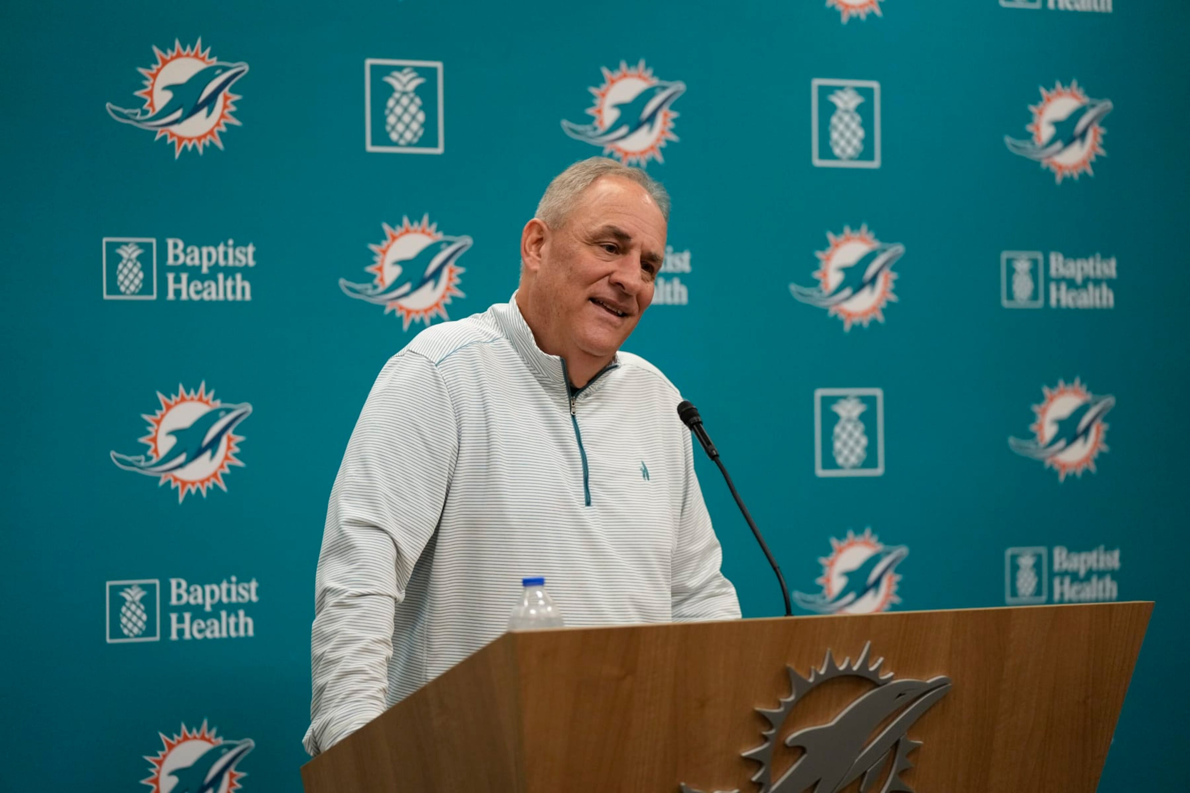 FILE - Miami Dolphins defensive coordinator Vic Fangio speaks during an NFL football press conference to introduce him, Monday, Feb. 20, 2023, in Miami Gardens, Fla. Dolphins GM Chris Grier improved the defense by bringing in respected defensive mind Vic Fangio. (AP Photo/Rebecca Blackwell, FIle)