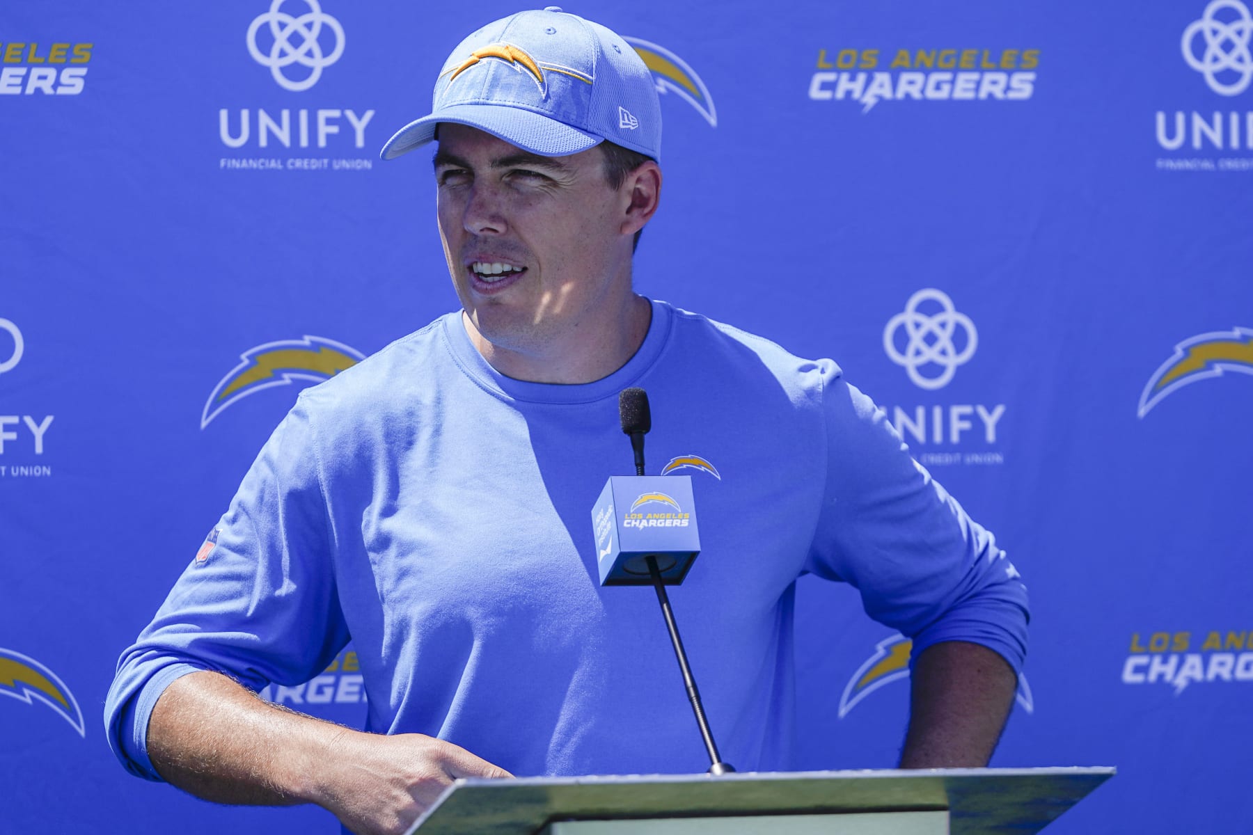 Los Angeles Chargers offensive coordinator Kellen Moore speaks in a press conference during the NFL football team's training camp, Thursday, July 27, 2023, in Costa Mesa, Calif. (AP Photo/Ryan Sun)
