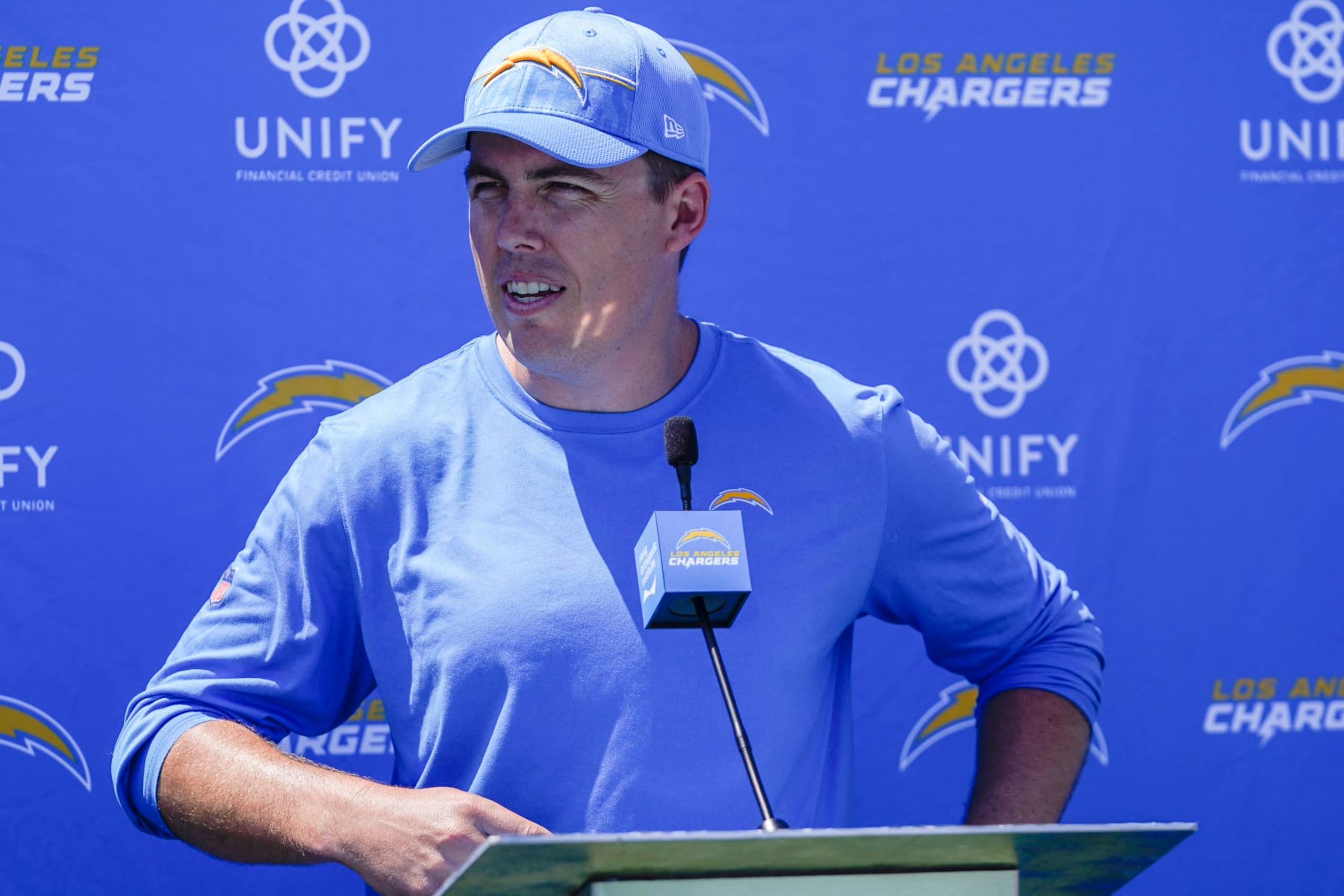 Los Angeles Chargers offensive coordinator Kellen Moore speaks in a press conference during the NFL football team's training camp, Thursday, July 27, 2023, in Costa Mesa, Calif. (AP Photo/Ryan Sun)
