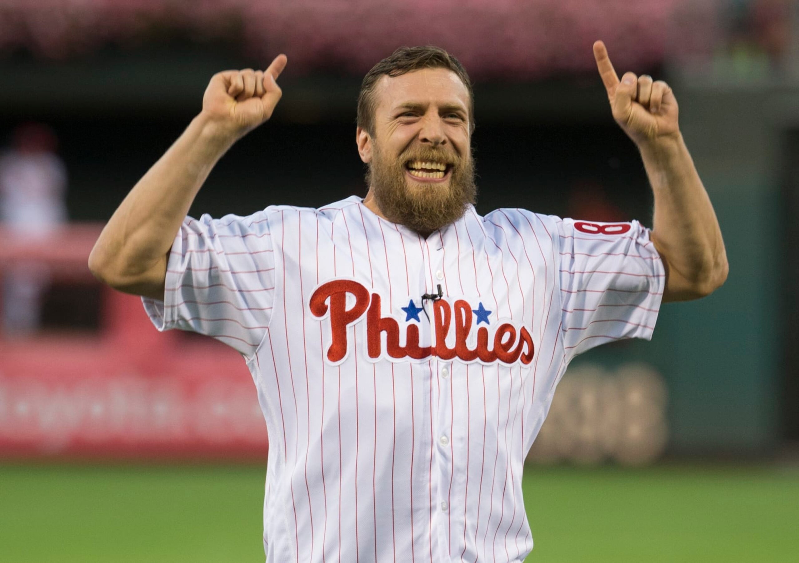 PHILADELPHIA, PA - SEPTEMBER 12: WWE wrestler Daniel Bryan reacts after throwing out the first pitch prior to the game between the Pittsburgh Pirates and Philadelphia Phillies at Citizens Bank Park on September 12, 2016 in Philadelphia, Pennsylvania. (Photo by Mitchell Leff/Getty Images)