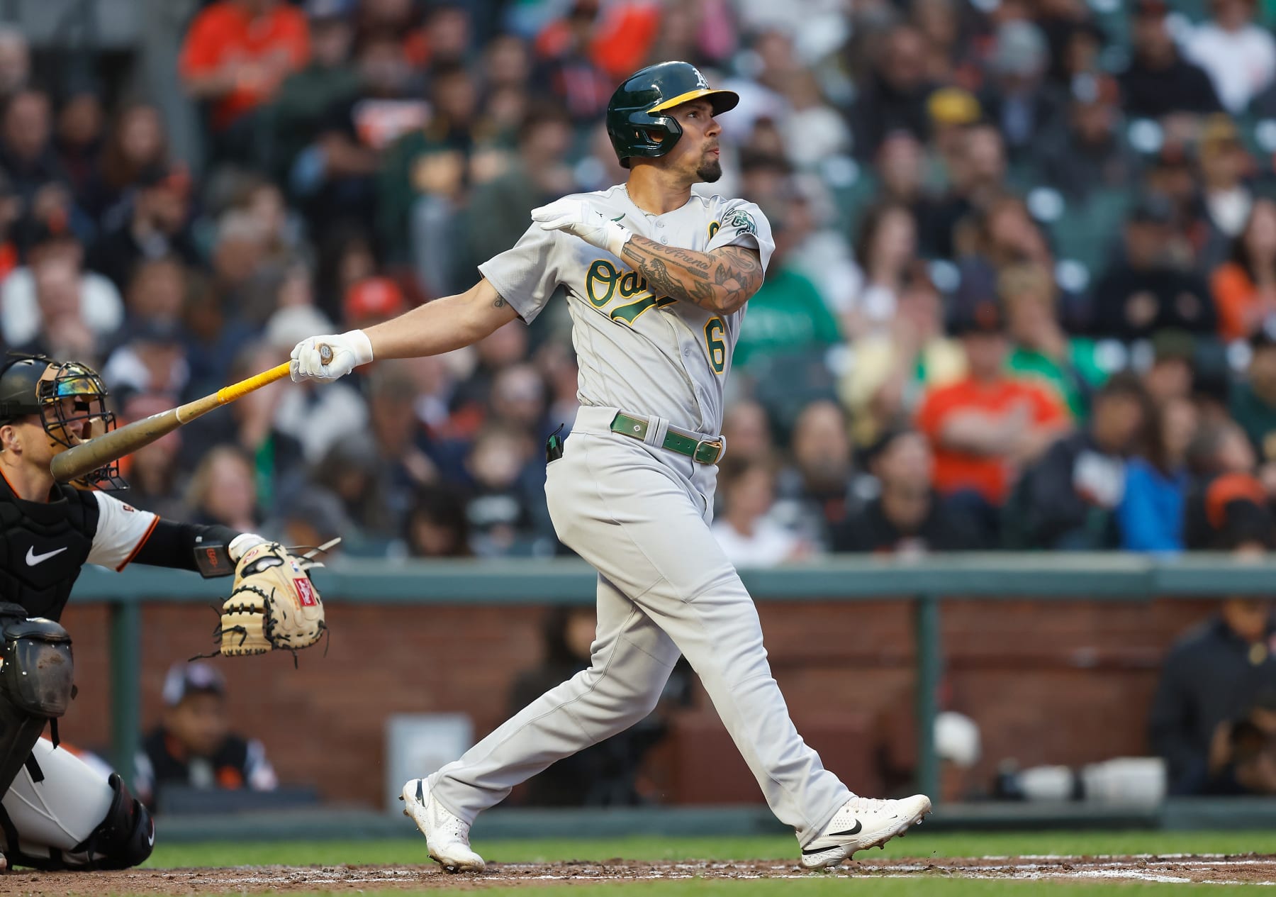SAN FRANCISCO, CALIFORNIA - JULY 26: Jace Peterson #6 of the Oakland Athletics hits a two-run single in the top of the fourth inning against the San Francisco Giants at Oracle Park on July 26, 2023 in San Francisco, California. (Photo by Lachlan Cunningham/Getty Images)