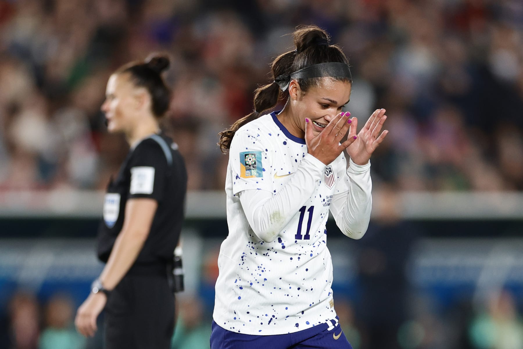 AUCKLAND, NEW ZEALAND - AUGUST 01: Sophia Smith #11 of the United States reacts during the second half of the FIFA Women's World Cup Australia & New Zealand 2023 Group E match between Portugal and USA at Eden Park on August 01, 2023 in Auckland, New Zealand. (Photo by Carmen Mandato/USSF/Getty Images )