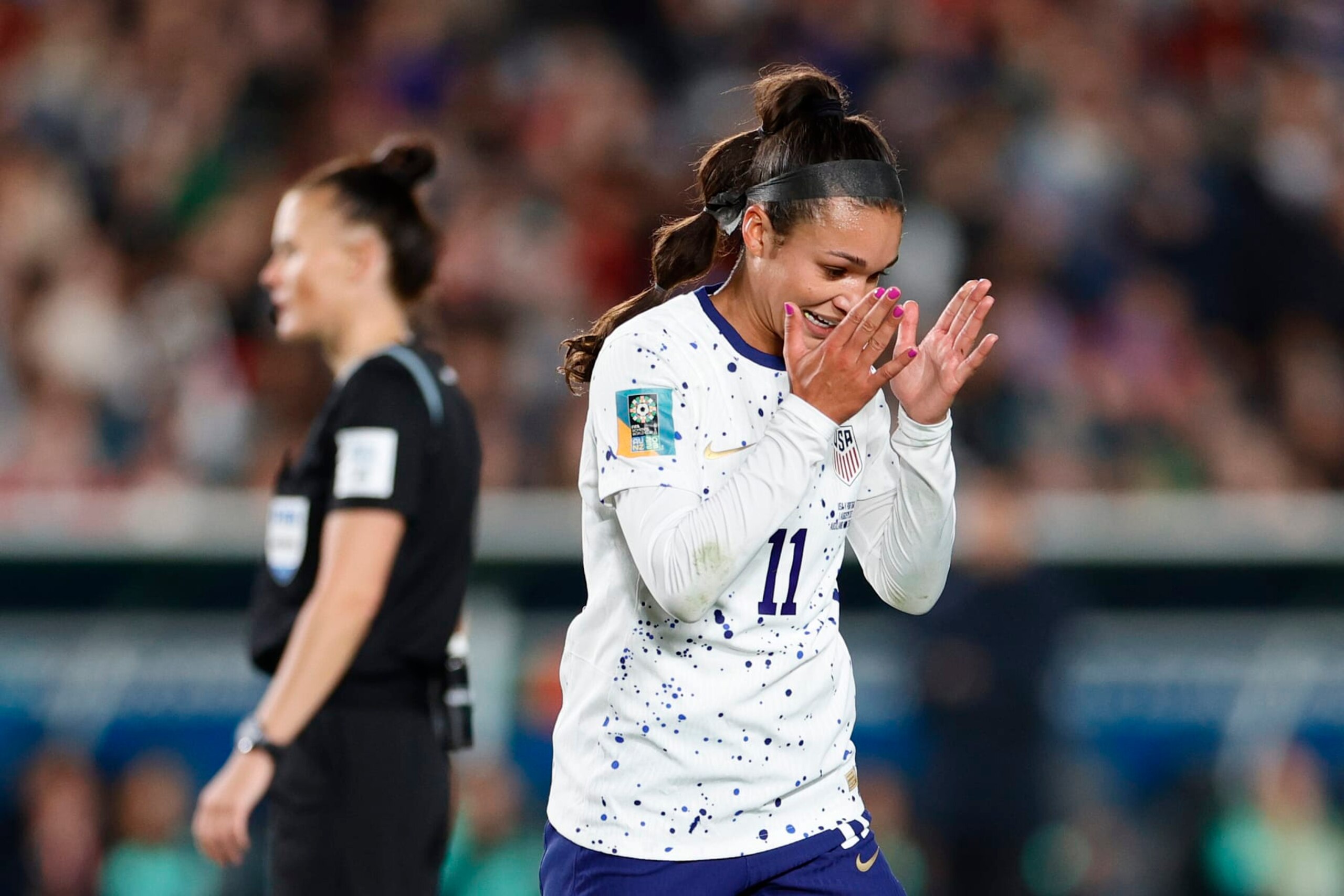 AUCKLAND, NEW ZEALAND - AUGUST 01: Sophia Smith #11 of the United States reacts during the second half of the FIFA Women's World Cup Australia & New Zealand 2023 Group E match between Portugal and USA at Eden Park on August 01, 2023 in Auckland, New Zealand. (Photo by Carmen Mandato/USSF/Getty Images )