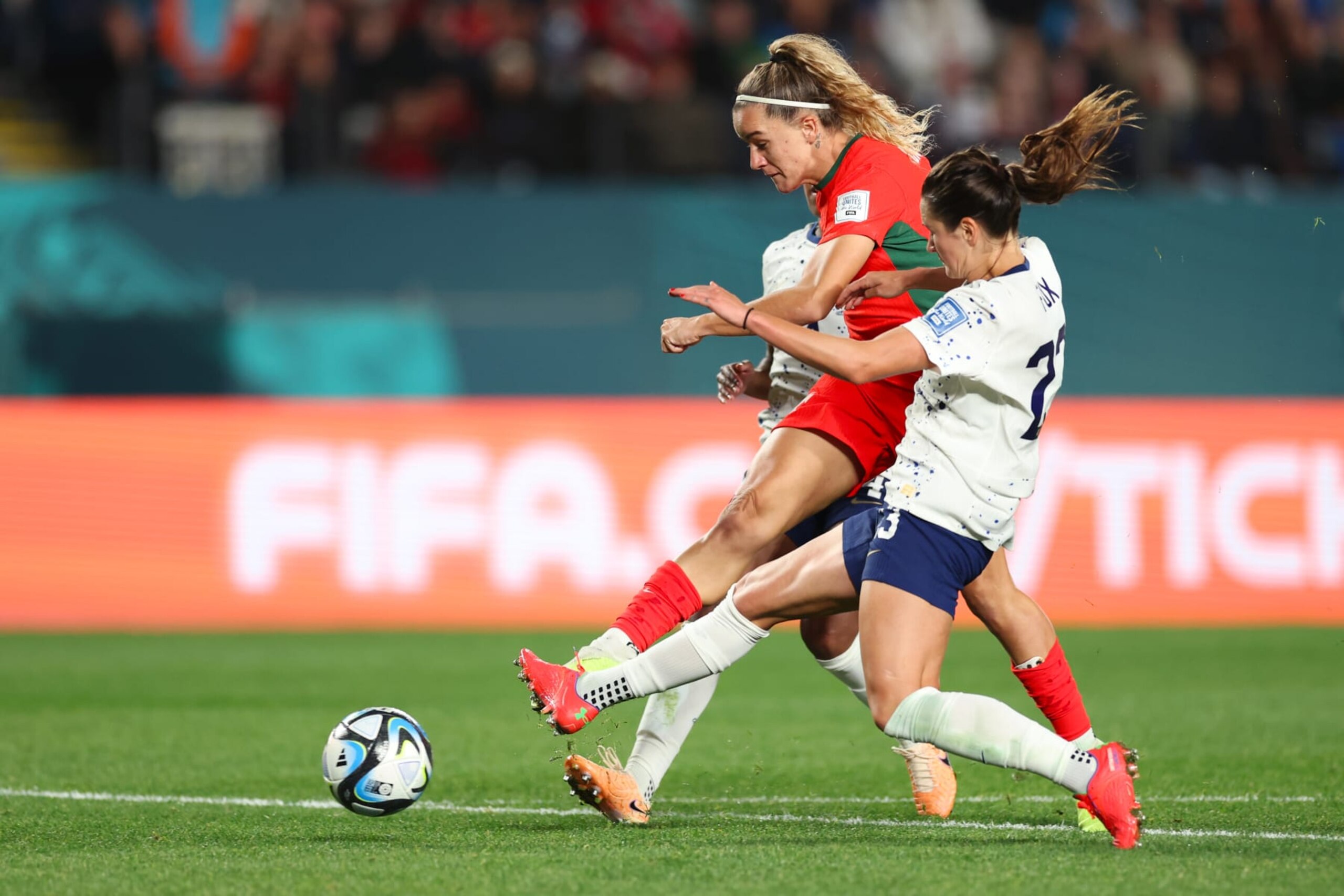 AUCKLAND, NEW ZEALAND - AUGUST 01: Ana Capeta of Portugal shoots at goal which hits a post during the FIFA Women's World Cup Australia & New Zealand 2023 Group E match between Portugal and USA at Eden Park on August 01, 2023 in Auckland, New Zealand. (Photo by Phil Walter/Getty Images)