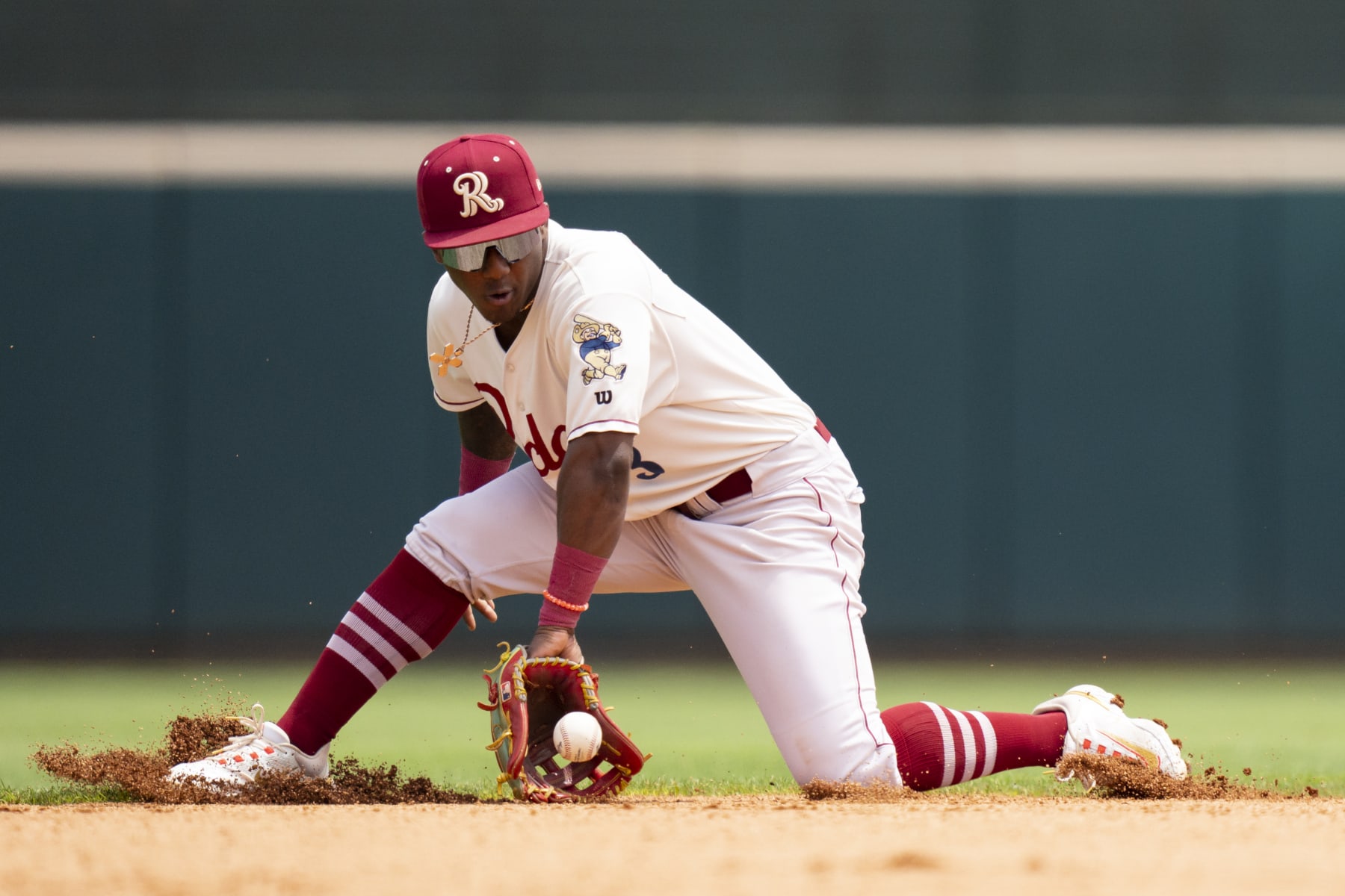 FRISCO, TEXAS - MAY 16: Luisangel Acuna #3 of the Frisco RoughRiders fields a ground ball during a game against the Amarillo Sod Poodles at Riders Field on May 16, 2023 in Frisco, Texas. (Photo by Ben Ludeman/Texas Rangers/Getty Images)