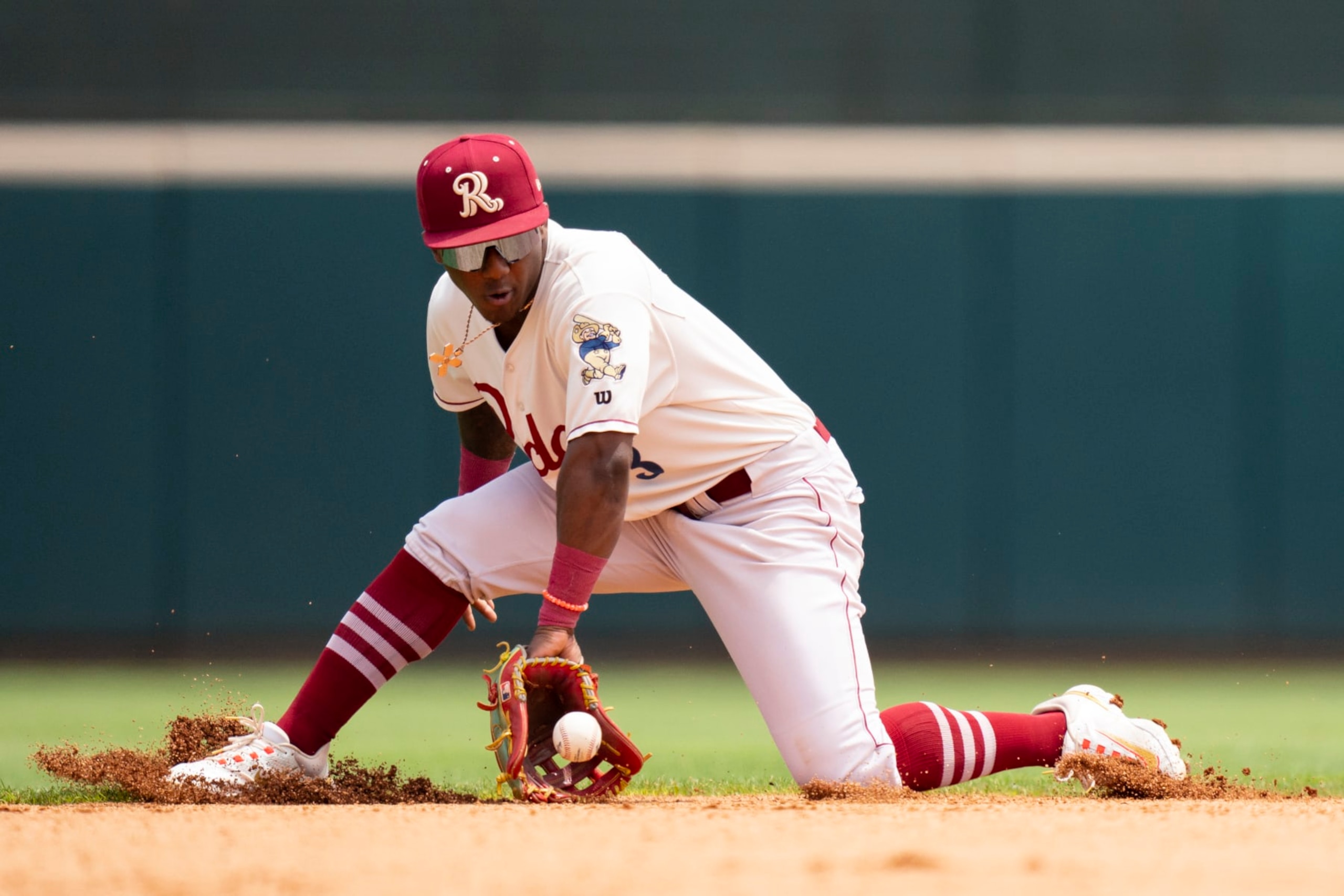 FRISCO, TEXAS - MAY 16: Luisangel Acuna #3 of the Frisco RoughRiders fields a ground ball during a game against the Amarillo Sod Poodles at Riders Field on May 16, 2023 in Frisco, Texas. (Photo by Ben Ludeman/Texas Rangers/Getty Images)