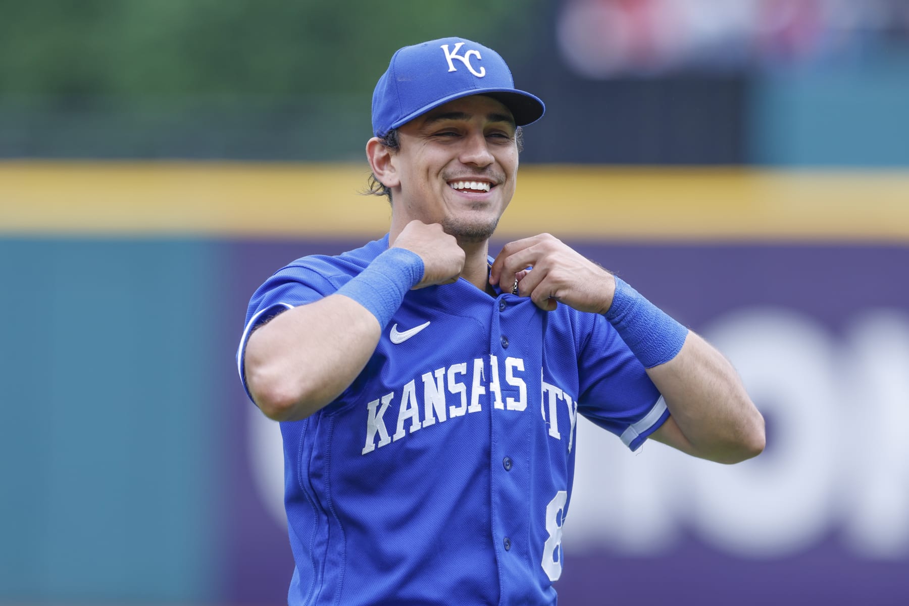 CLEVELAND, OH - JULY 08: Nicky Lopez #8 of the Kansas City Royals warms up before a game against the Cleveland Guardians at Progressive Field on July 08, 2023 in Cleveland, Ohio. (Photo by Ron Schwane/Getty Images)