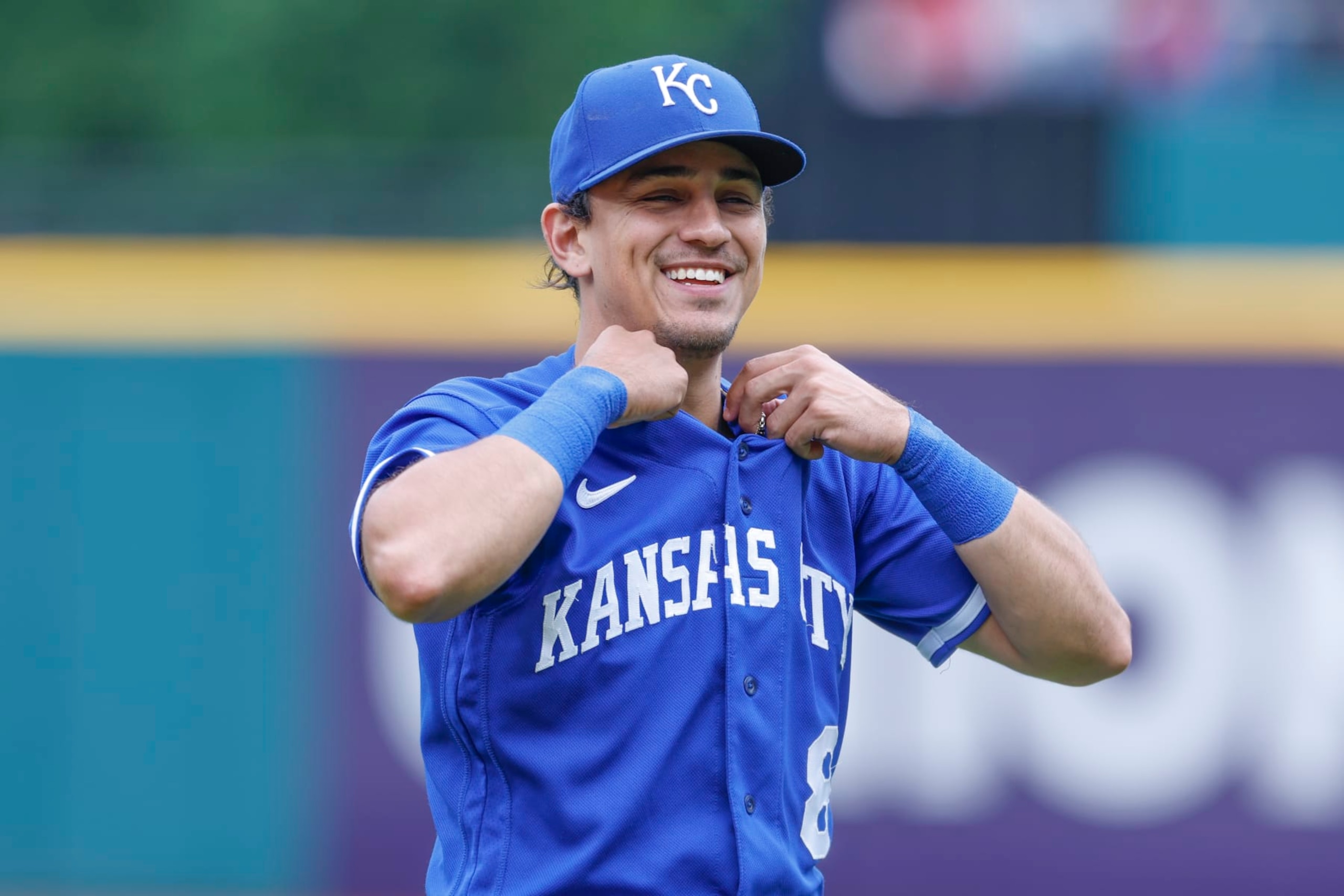 CLEVELAND, OH - JULY 08: Nicky Lopez #8 of the Kansas City Royals warms up before a game against the Cleveland Guardians at Progressive Field on July 08, 2023 in Cleveland, Ohio. (Photo by Ron Schwane/Getty Images)