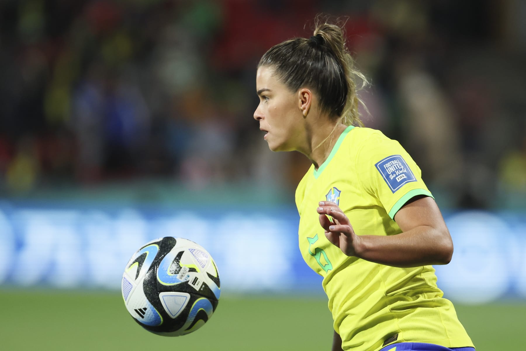 Brazil's Tamires attempts to control the ball during the Women's World Cup Group F soccer match between Brazil and Panama in Adelaide, Australia, Monday, July 24, 2023. (AP Photo/James Elsby)