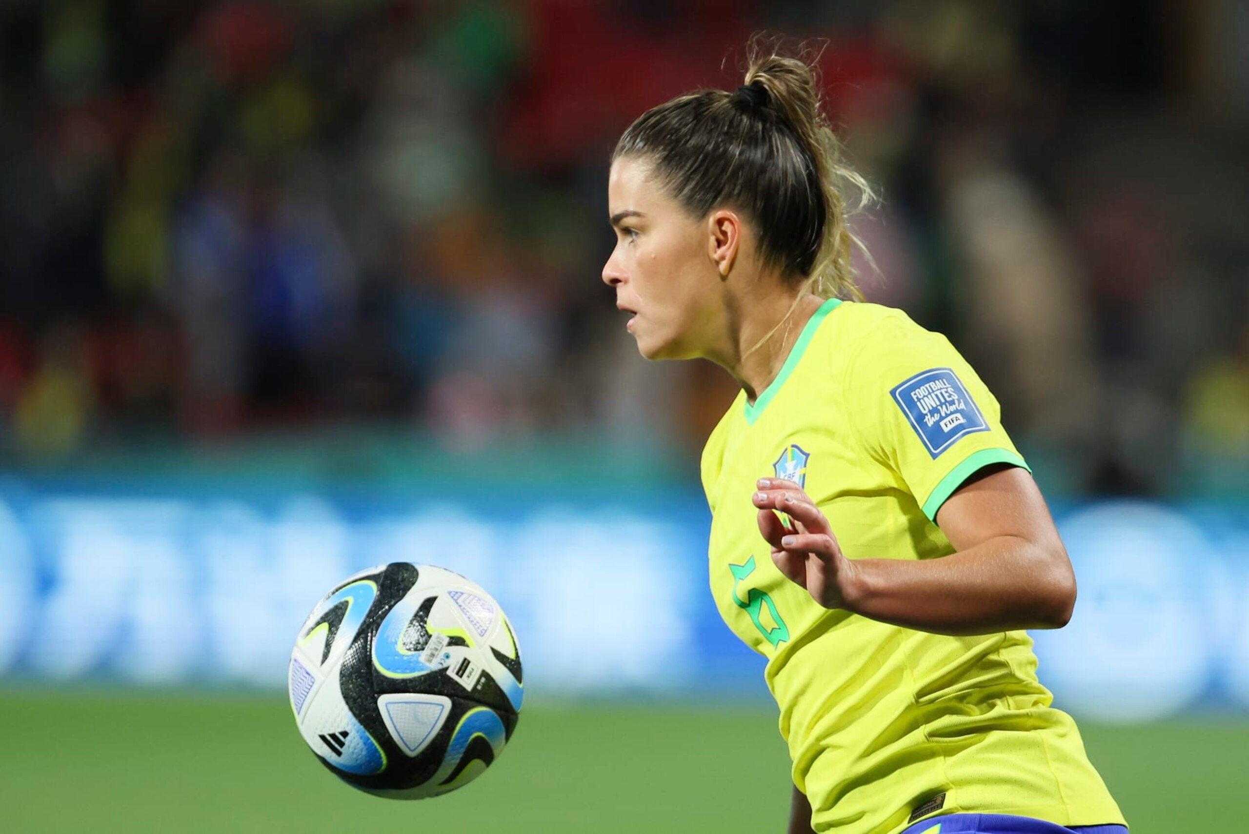 Brazil's Tamires attempts to control the ball during the Women's World Cup Group F soccer match between Brazil and Panama in Adelaide, Australia, Monday, July 24, 2023. (AP Photo/James Elsby)