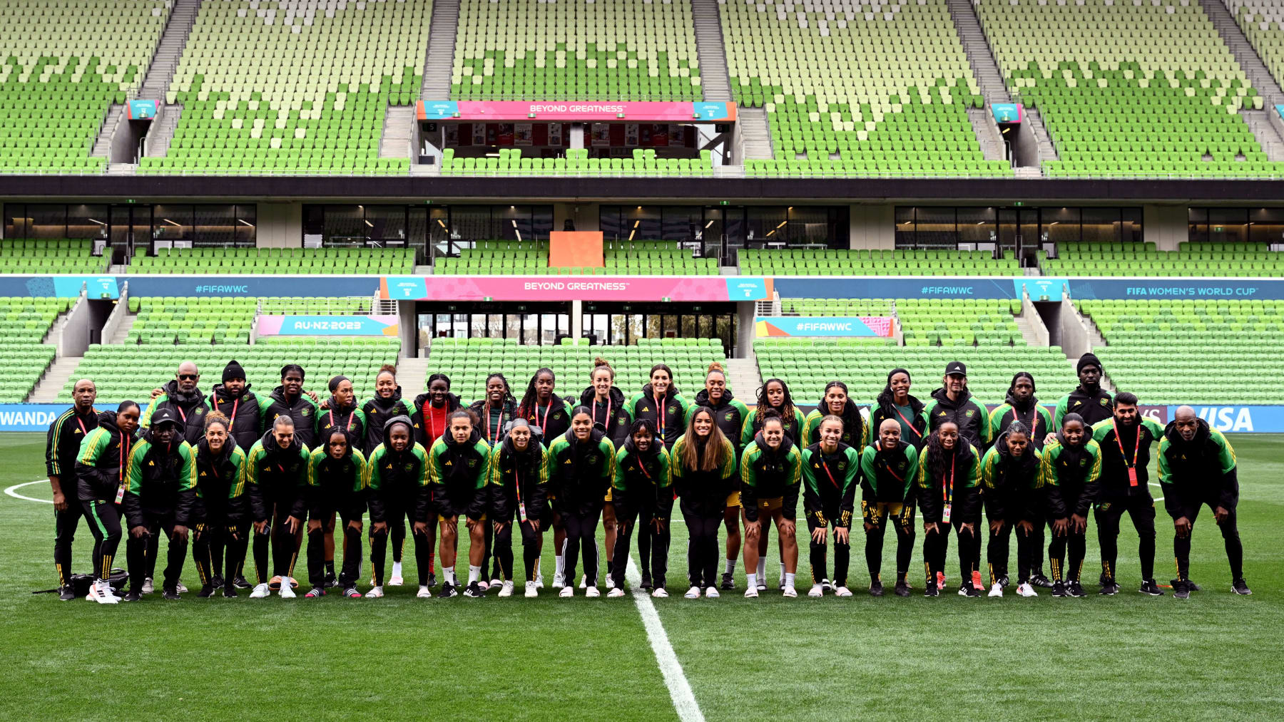 Jamaica's team poses for a photo at the Rectangular Stadium in Melbourne on August 1, 2023, on the eve of the Women's World Cup football match between Jamaica and Brazil. (Photo by William WEST / AFP) (Photo by WILLIAM WEST/AFP via Getty Images)