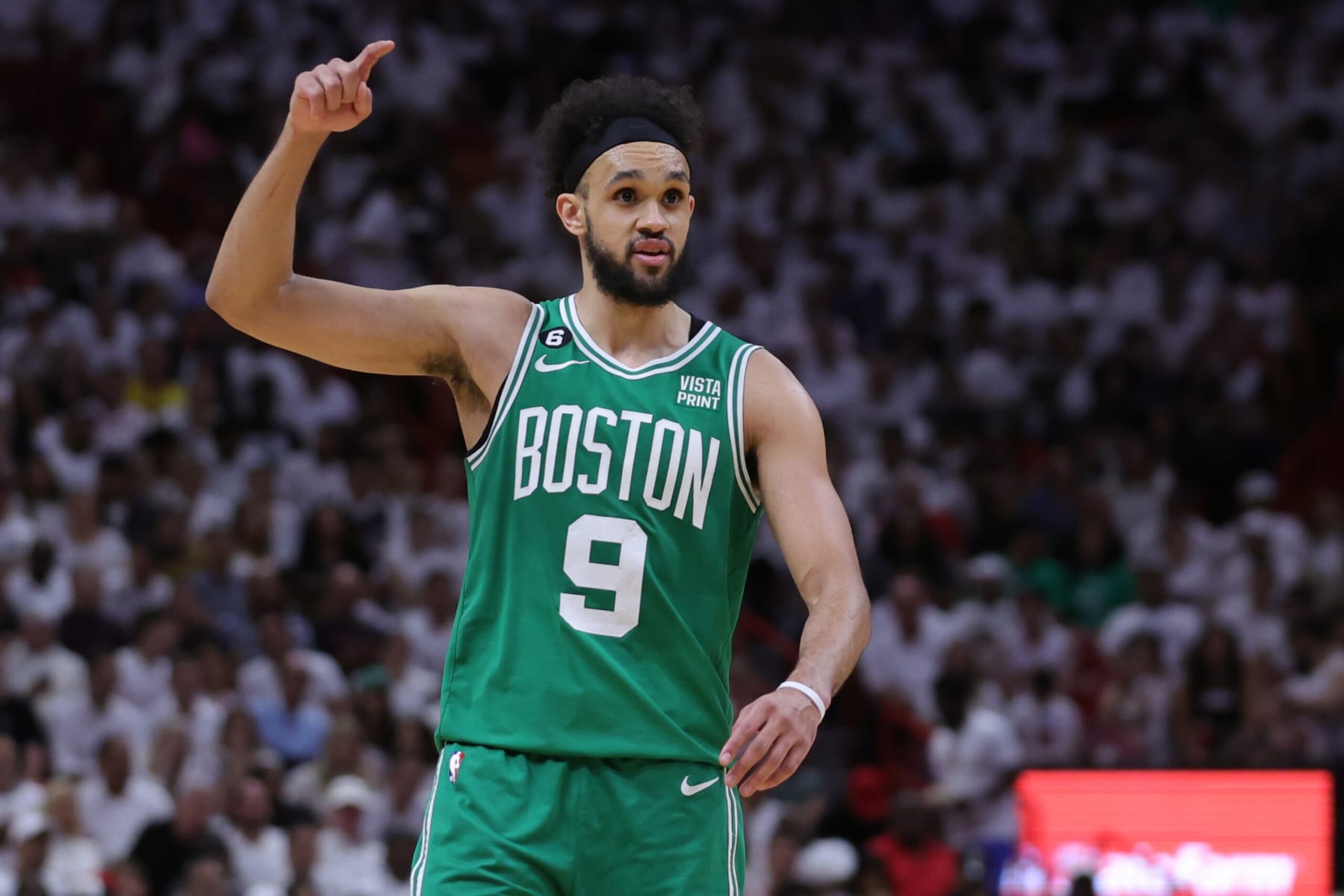 MIAMI, FLORIDA - MAY 23: Derrick White #9 of the Boston Celtics reacts against the Miami Heat during the fourth quarter in game four of the Eastern Conference Finals at Kaseya Center on May 23, 2023 in Miami, Florida. NOTE TO USER: User expressly acknowledges and agrees that, by downloading and or using this photograph, User is consenting to the terms and conditions of the Getty Images License Agreement. (Photo by Megan Briggs/Getty Images)