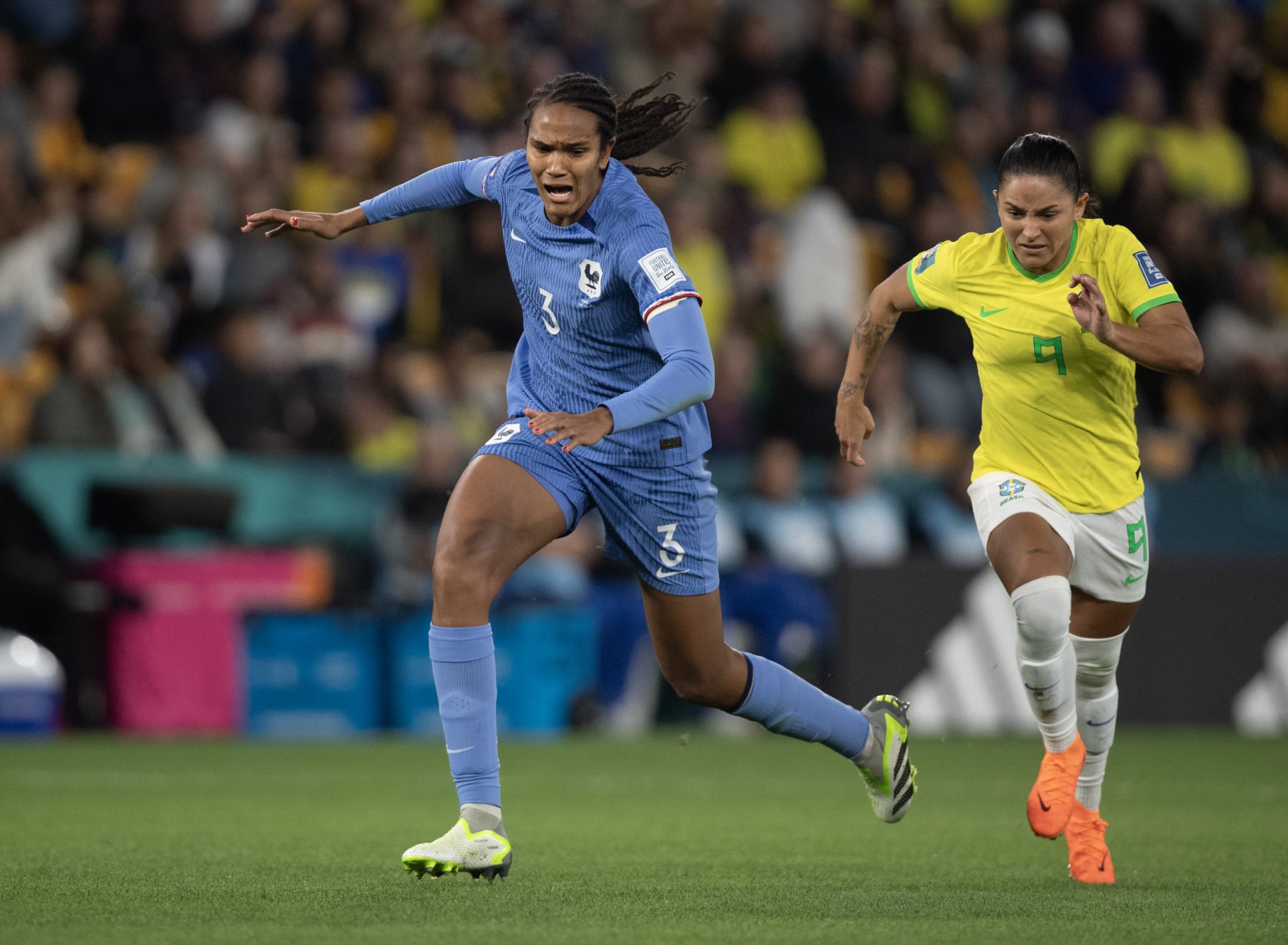 BRISBANE, AUSTRALIA - JULY 29: Wendie Renard of France and Debinha of Brazil in action during the FIFA Women's World Cup Australia & New Zealand 2023 Group F match between France and Brazil at Brisbane Stadium on July 29, 2023 in Brisbane, Australia. (Photo by Joe Prior/Visionhaus via Getty Images)