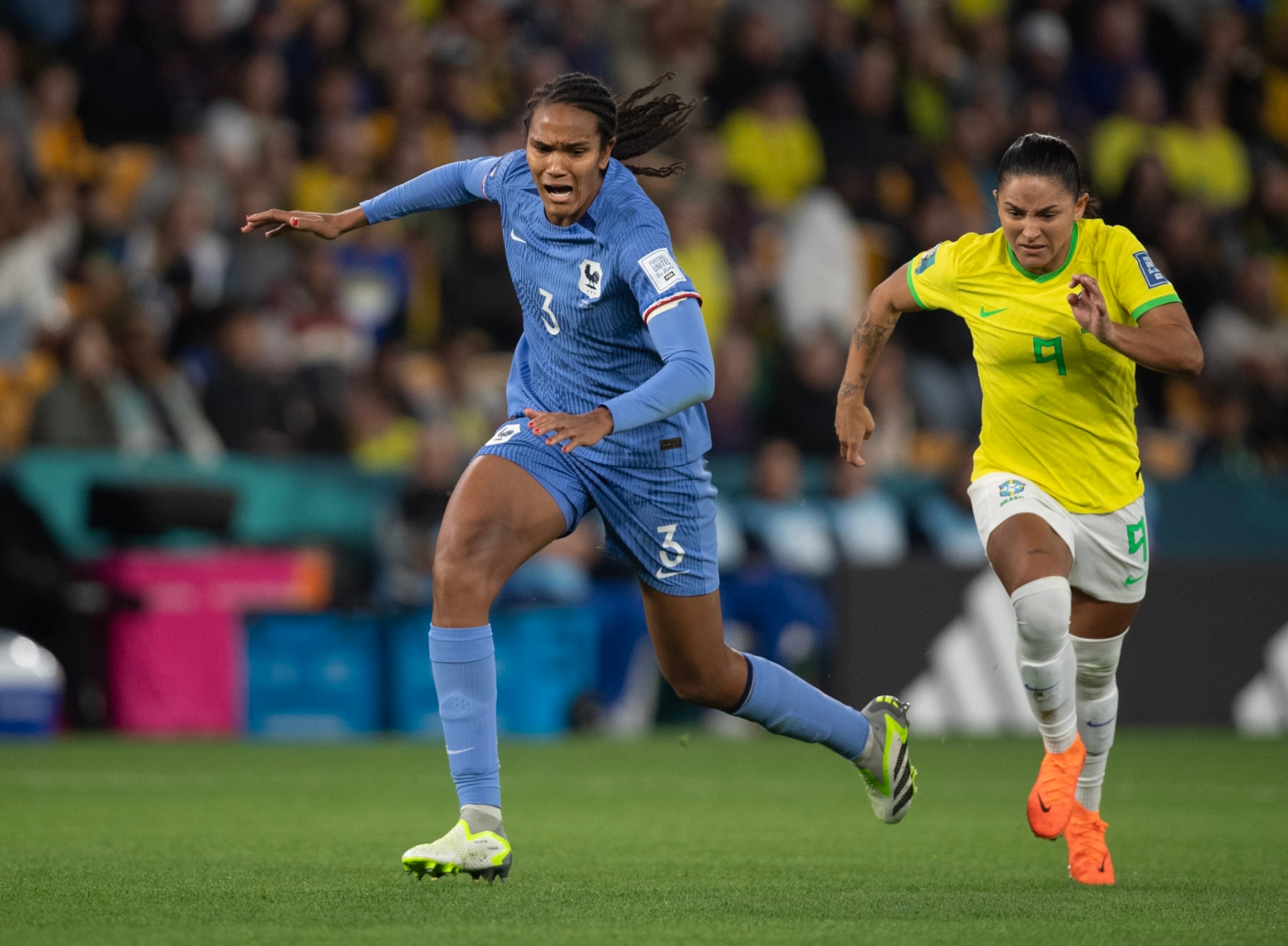 BRISBANE, AUSTRALIA - JULY 29: Wendie Renard of France and Debinha of Brazil in action during the FIFA Women's World Cup Australia & New Zealand 2023 Group F match between France and Brazil at Brisbane Stadium on July 29, 2023 in Brisbane, Australia. (Photo by Joe Prior/Visionhaus via Getty Images)