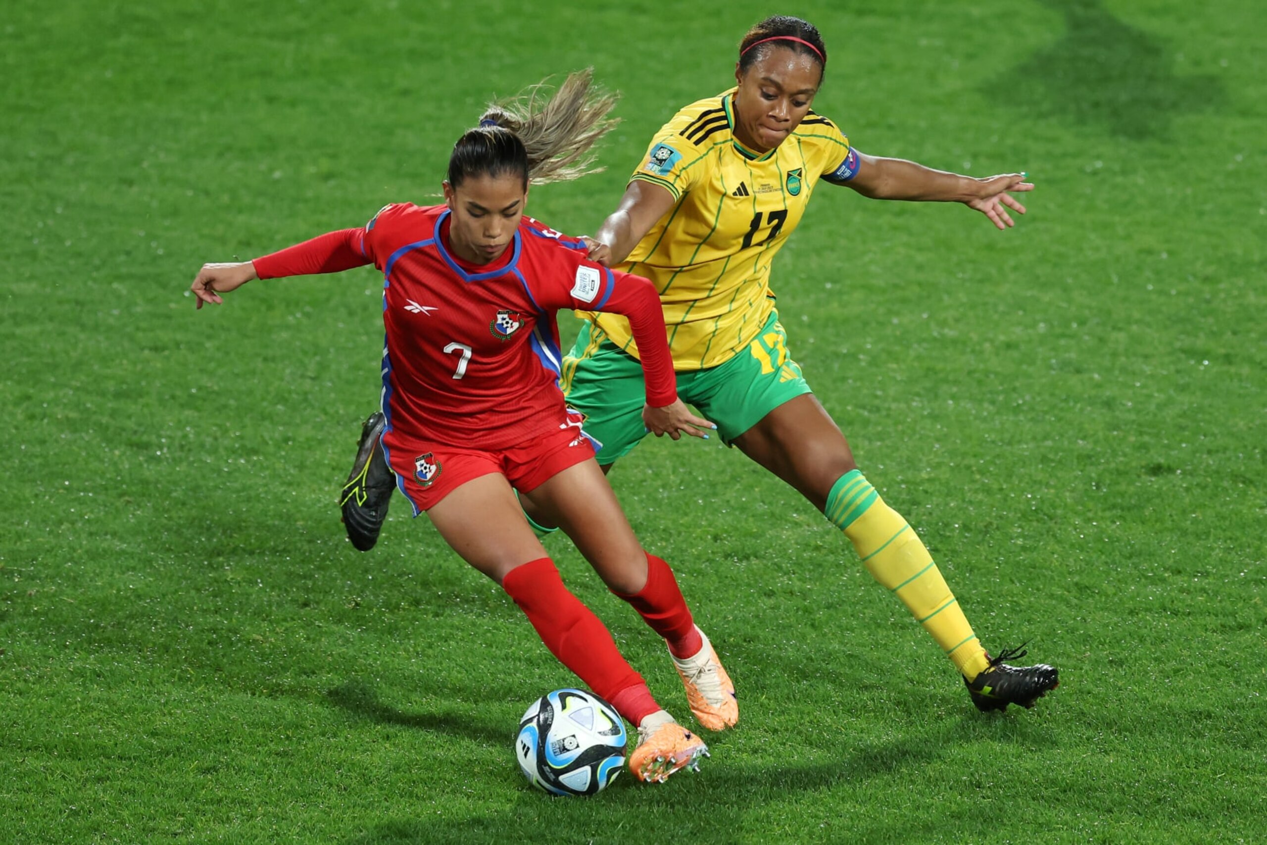PERTH, AUSTRALIA - JULY 29: Emily Cedeno of Panama controls the ball against Allyson Swaby of Jamaica during the FIFA Women's World Cup Australia & New Zealand 2023 Group F match between Panama and Jamaica at Perth Rectangular Stadium on July 29, 2023 in Perth / Boorloo, Australia. (Photo by Will Russell - FIFA/FIFA via Getty Images)