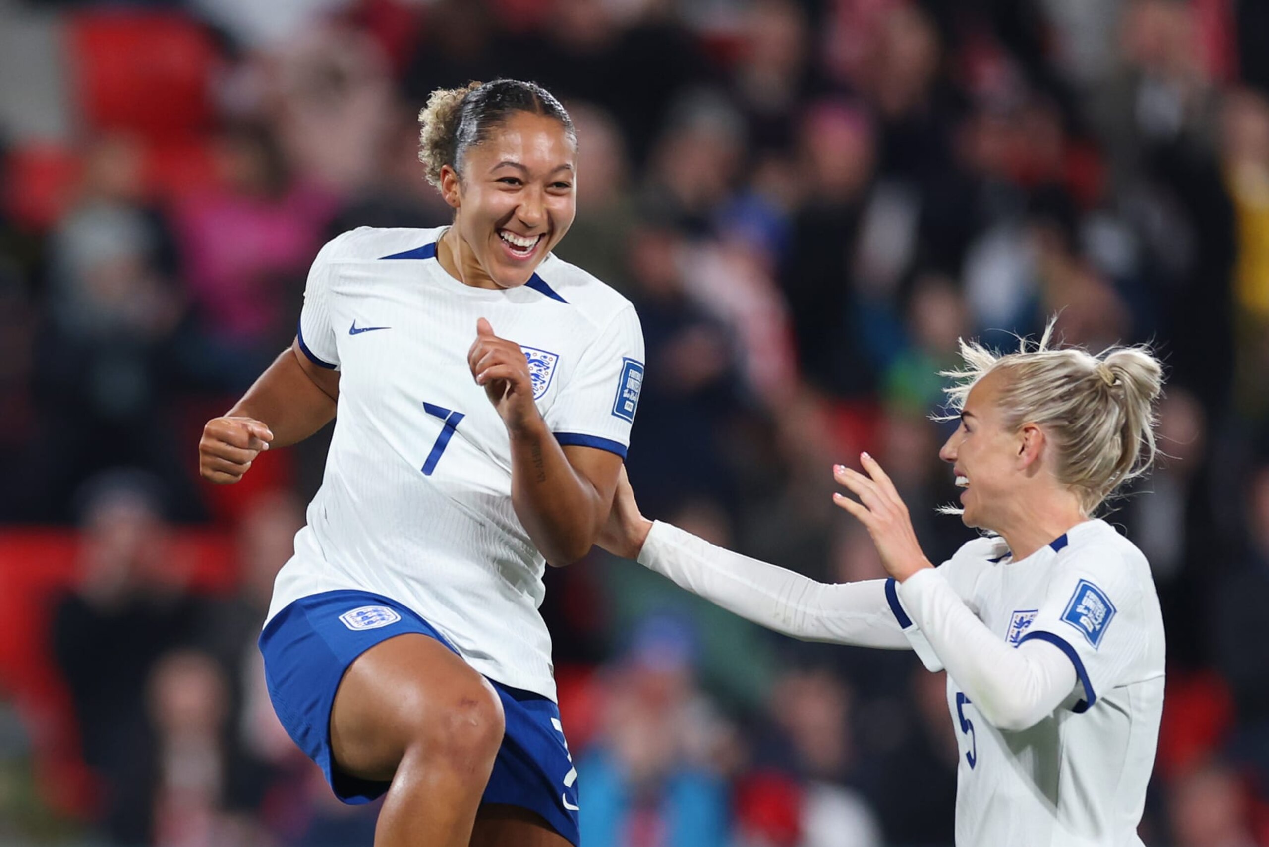 ADELAIDE, AUSTRALIA - AUGUST 01: Lauren James celebrates with Alex Greenwood of England after scoring a goal which was later disallowed by VAR for offside during the FIFA Women's World Cup Australia & New Zealand 2023 Group D match between China and England at Hindmarsh Stadium on August 01, 2023 in Adelaide / Tarntanya, Australia. (Photo by Maddie Meyer - FIFA/FIFA via Getty Images)