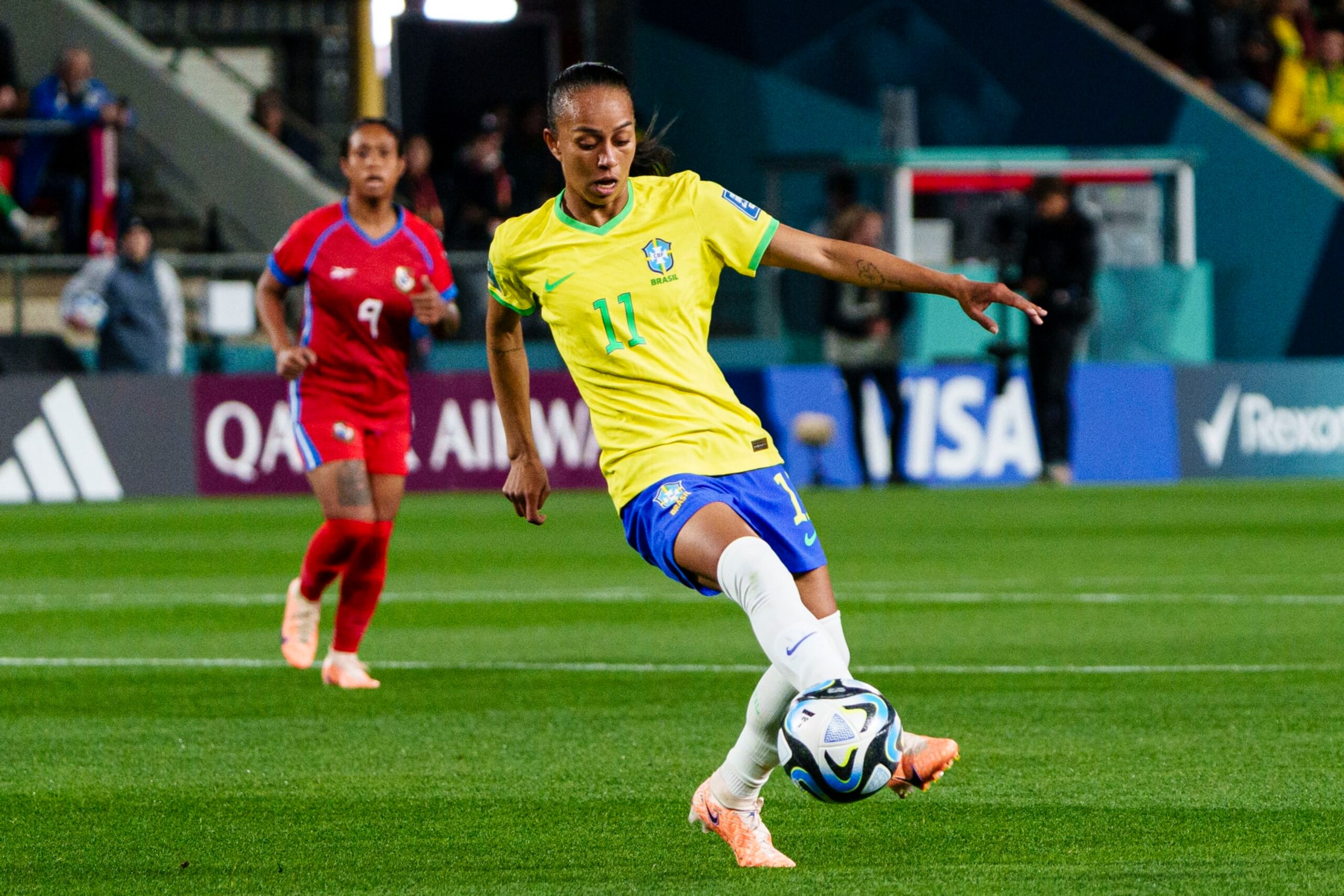 ADELAIDE, AUSTRALIA - JULY 24: Adriana Leal of Brazil controls the ball during the FIFA Women's World Cup Australia & New Zealand 2023 Group F match between Brazil and Panama at Hindmarsh Stadium on July 24, 2023 in Adelaide, Australia. (Photo by Noemi Llamas/Eurasia Sport Images/Getty Images)