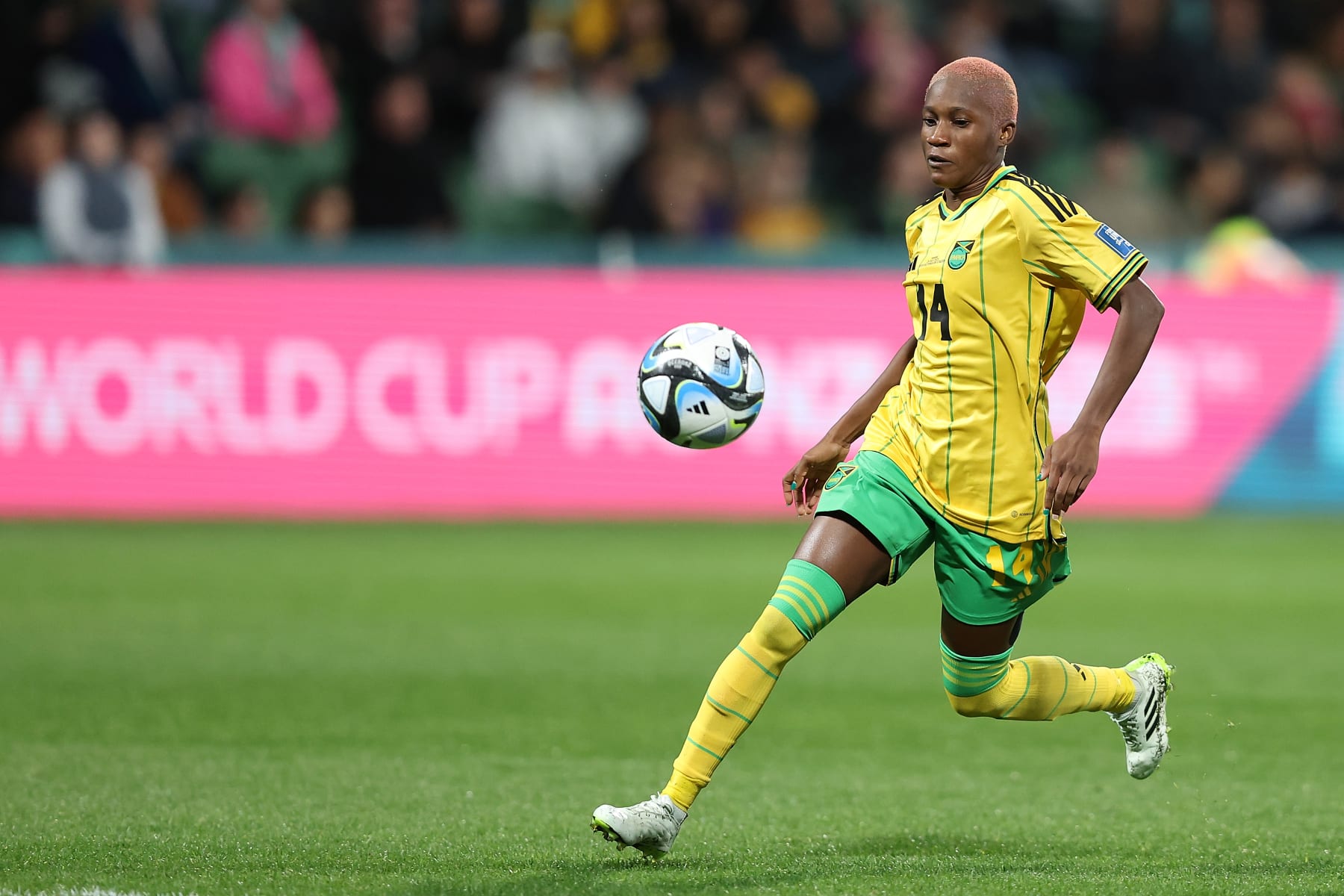 PERTH, AUSTRALIA - JULY 29: Deneisha Blackwood of Jamaica in action during the FIFA Women's World Cup Australia & New Zealand 2023 Group F match between Panama and Jamaica at Perth Rectangular Stadium on July 29, 2023 in Perth, Australia. (Photo by Paul Kane/Getty Images)