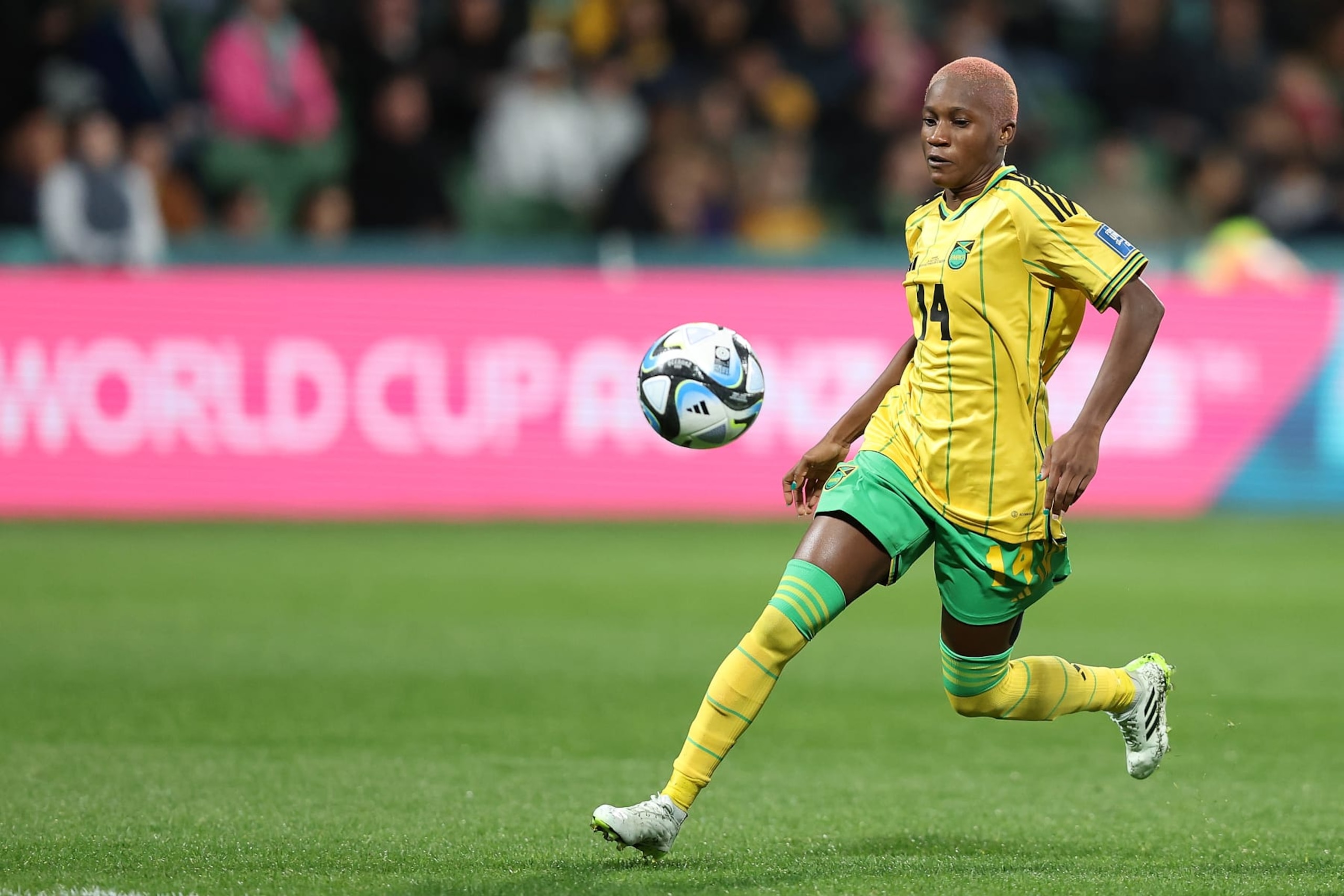 PERTH, AUSTRALIA - JULY 29: Deneisha Blackwood of Jamaica in action during the FIFA Women's World Cup Australia & New Zealand 2023 Group F match between Panama and Jamaica at Perth Rectangular Stadium on July 29, 2023 in Perth, Australia. (Photo by Paul Kane/Getty Images)