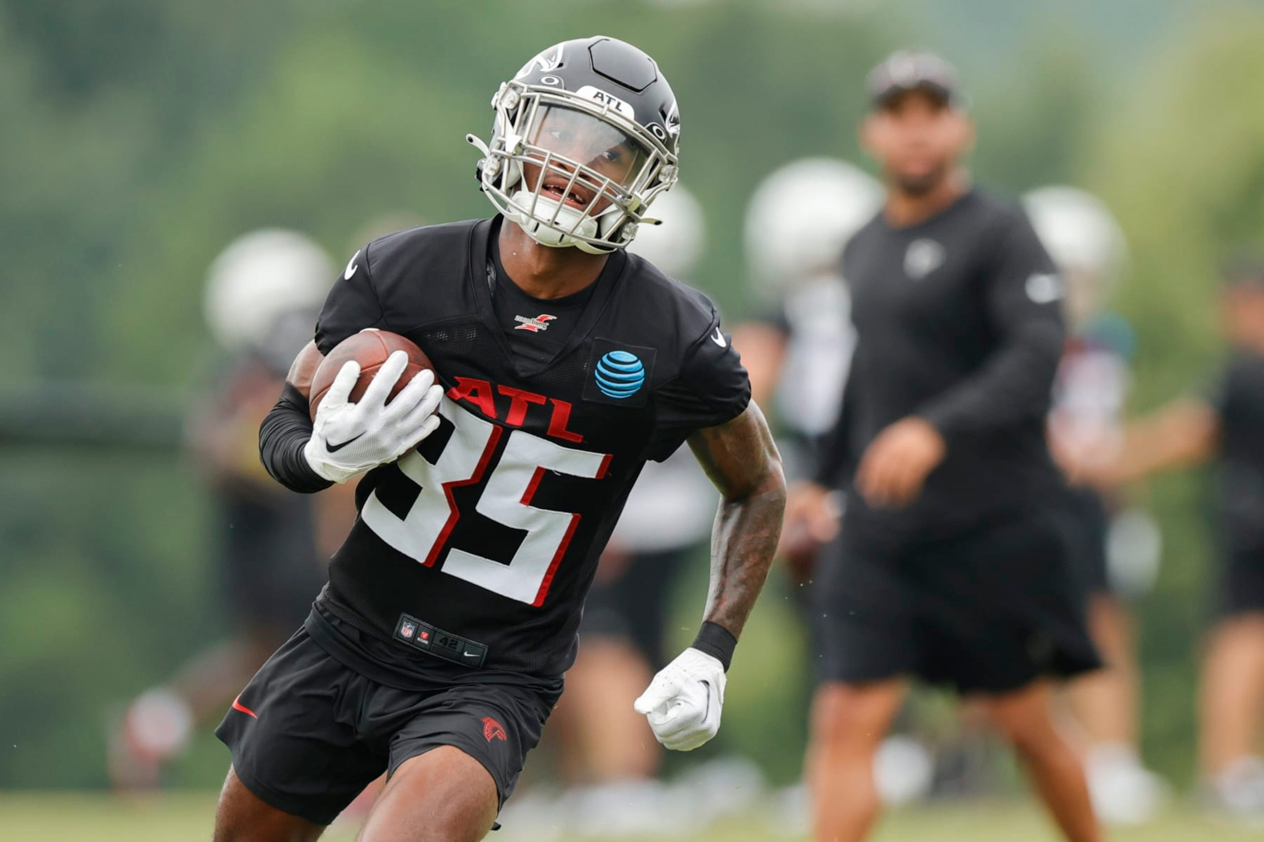 Atlanta Falcons cornerback Natrone Brooks (35) runs a drill during the NFL football team's training camp, Saturday, July 29, 2023, in Flowery Branch, Ga. (AP Photo/Alex Slitz) Atlanta Falcons cornerback Natrone Brooks (35) runs a drill during the NFL football team's training camp, Saturday, July 29, 2023, in Flowery Branch, Ga. (AP Photo/Alex Slitz)