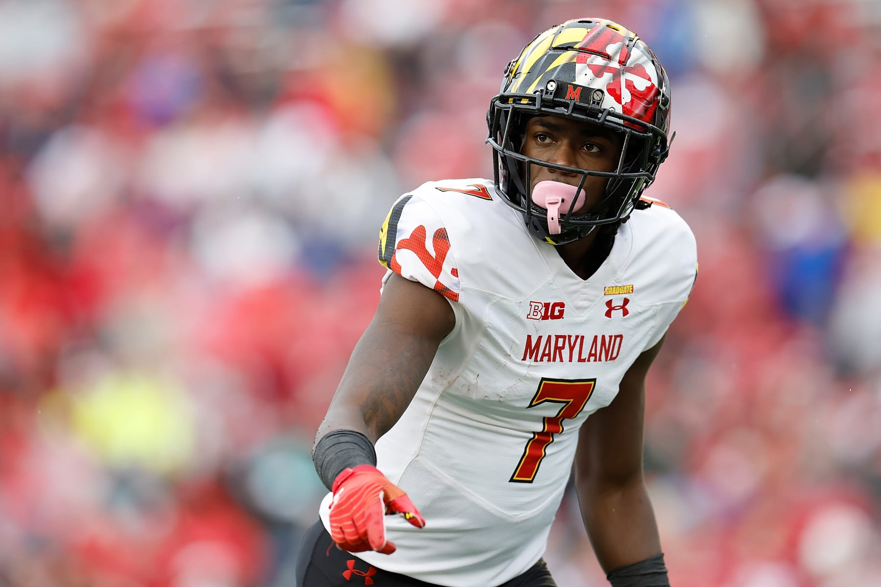 MADISON, WISCONSIN - NOVEMBER 05: Dontay Demus Jr. #7 of the Maryland Terrapins before the snap against the Wisconsin Badgers at Camp Randall Stadium on November 05, 2022 in Madison, Wisconsin. (Photo by John Fisher/Getty Images)