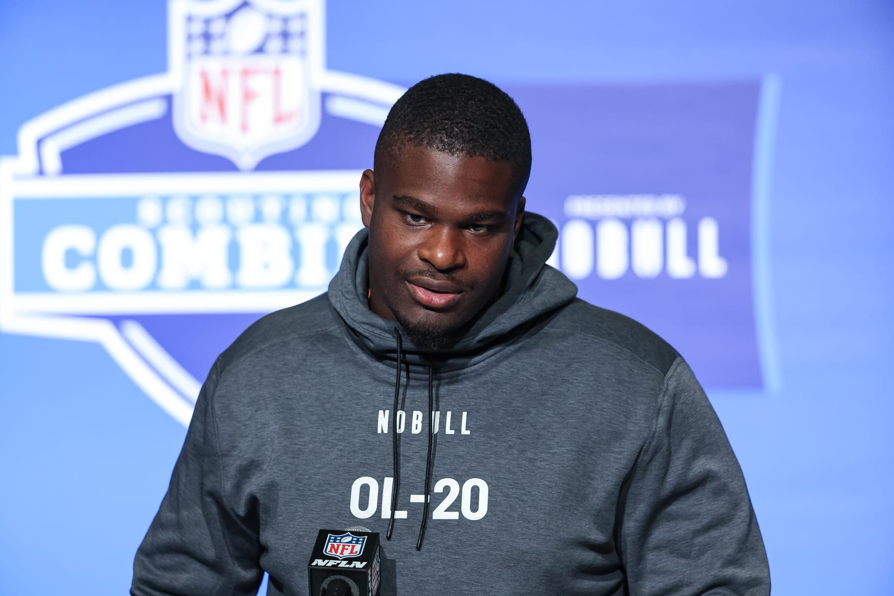 INDIANAPOLIS, IN - MARCH 04: Offensive lineman Richard Gouraige of Florida speaks to the media during the NFL Combine at Lucas Oil Stadium on March 4, 2023 in Indianapolis, Indiana. (Photo by Michael Hickey/Getty Images)