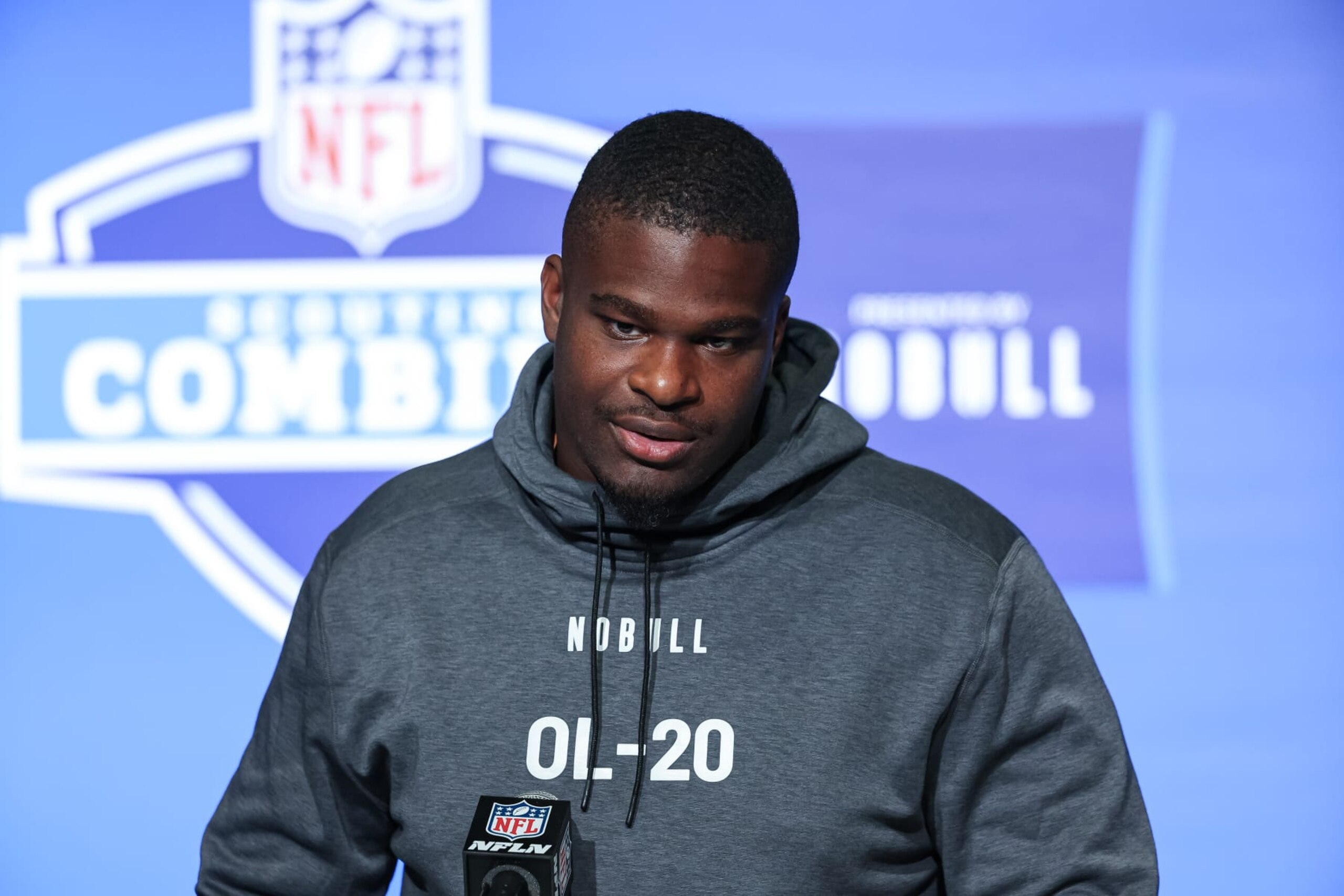INDIANAPOLIS, IN - MARCH 04: Offensive lineman Richard Gouraige of Florida speaks to the media during the NFL Combine at Lucas Oil Stadium on March 4, 2023 in Indianapolis, Indiana. (Photo by Michael Hickey/Getty Images) INDIANAPOLIS, IN - MARCH 04: Offensive lineman Richard Gouraige of Florida speaks to the media during the NFL Combine at Lucas Oil Stadium on March 4, 2023 in Indianapolis, Indiana. (Photo by Michael Hickey/Getty Images)