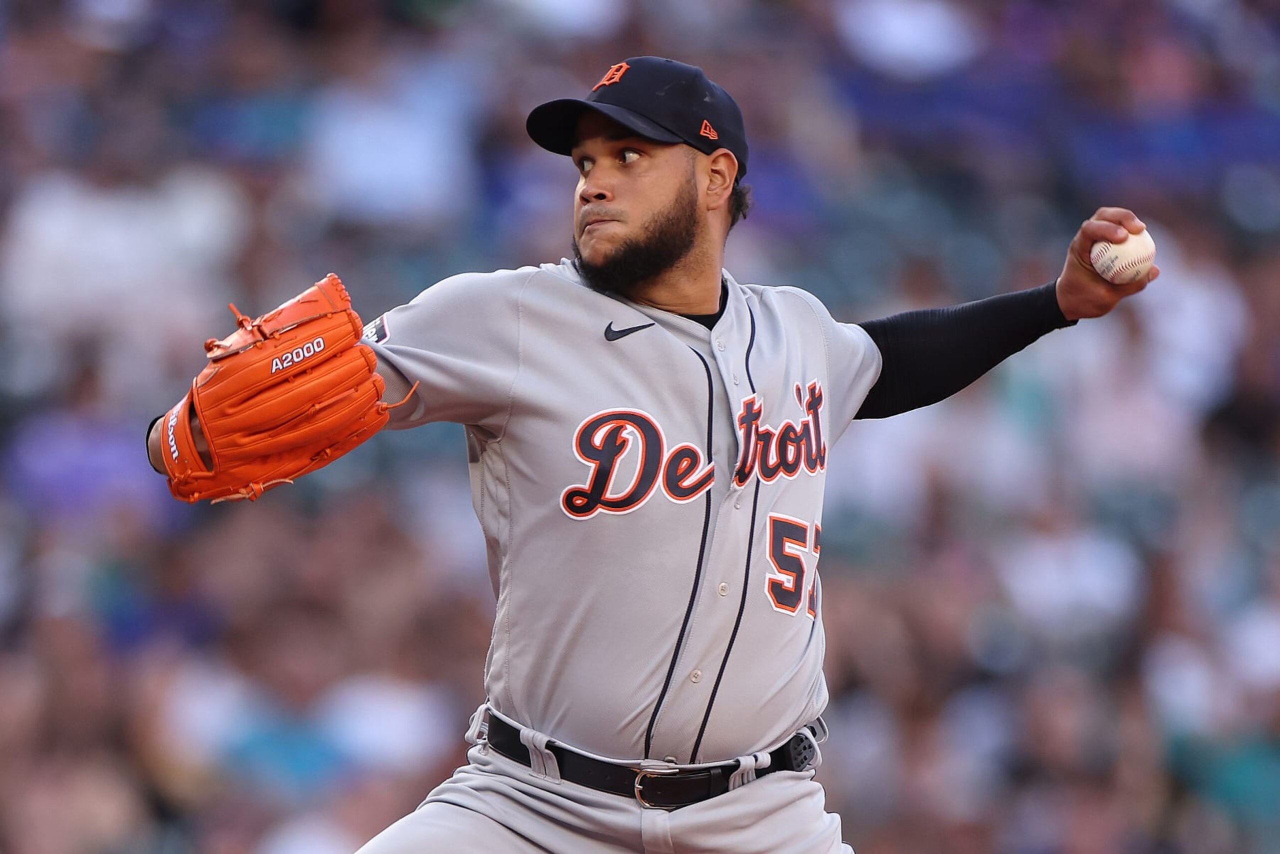 SEATTLE, WASHINGTON - JULY 14: Eduardo Rodriguez #57 of the Detroit Tigers pitches against the Seattle Mariners during the second inning at T-Mobile Park on July 14, 2023 in Seattle, Washington. (Photo by Steph Chambers/Getty Images)