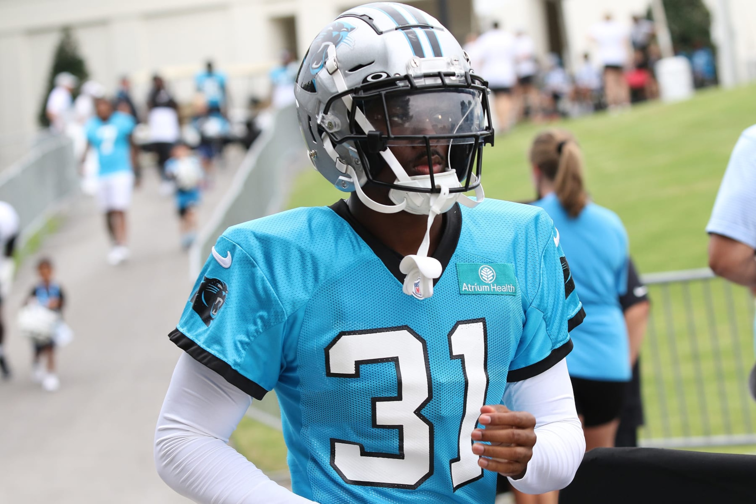 SPARTANBURG, SC - JULY 29: Carolina Panthers corner back Rejzohn Wright (31) during the NFL Carolina Panthers training camp on July 29, 2023, at Wofford College campus in Spartanburg, S.C. (Photo by John Byrum/Icon Sportswire via Getty Images) SPARTANBURG, SC - JULY 29: Carolina Panthers corner back Rejzohn Wright (31) during the NFL Carolina Panthers training camp on July 29, 2023, at Wofford College campus in Spartanburg, S.C. (Photo by John Byrum/Icon Sportswire via Getty Images)