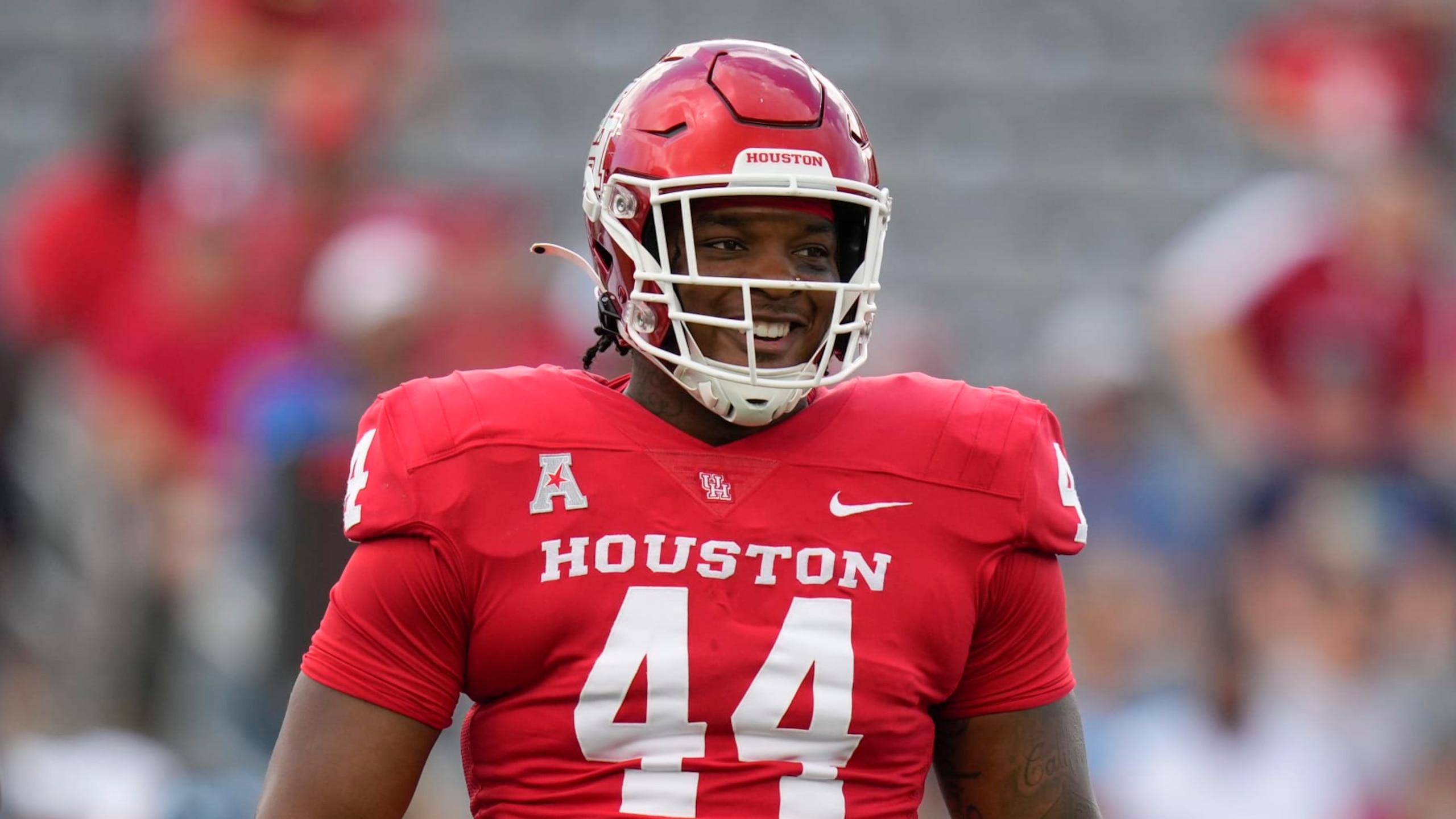 Houston defensive lineman D'Anthony Jones during the first half of an NCAA college football game against Kansas, Saturday, Sept. 17, 2022, in Houston. (AP Photo/Eric Christian Smith) Houston defensive lineman D'Anthony Jones during the first half of an NCAA college football game against Kansas, Saturday, Sept. 17, 2022, in Houston. (AP Photo/Eric Christian Smith)