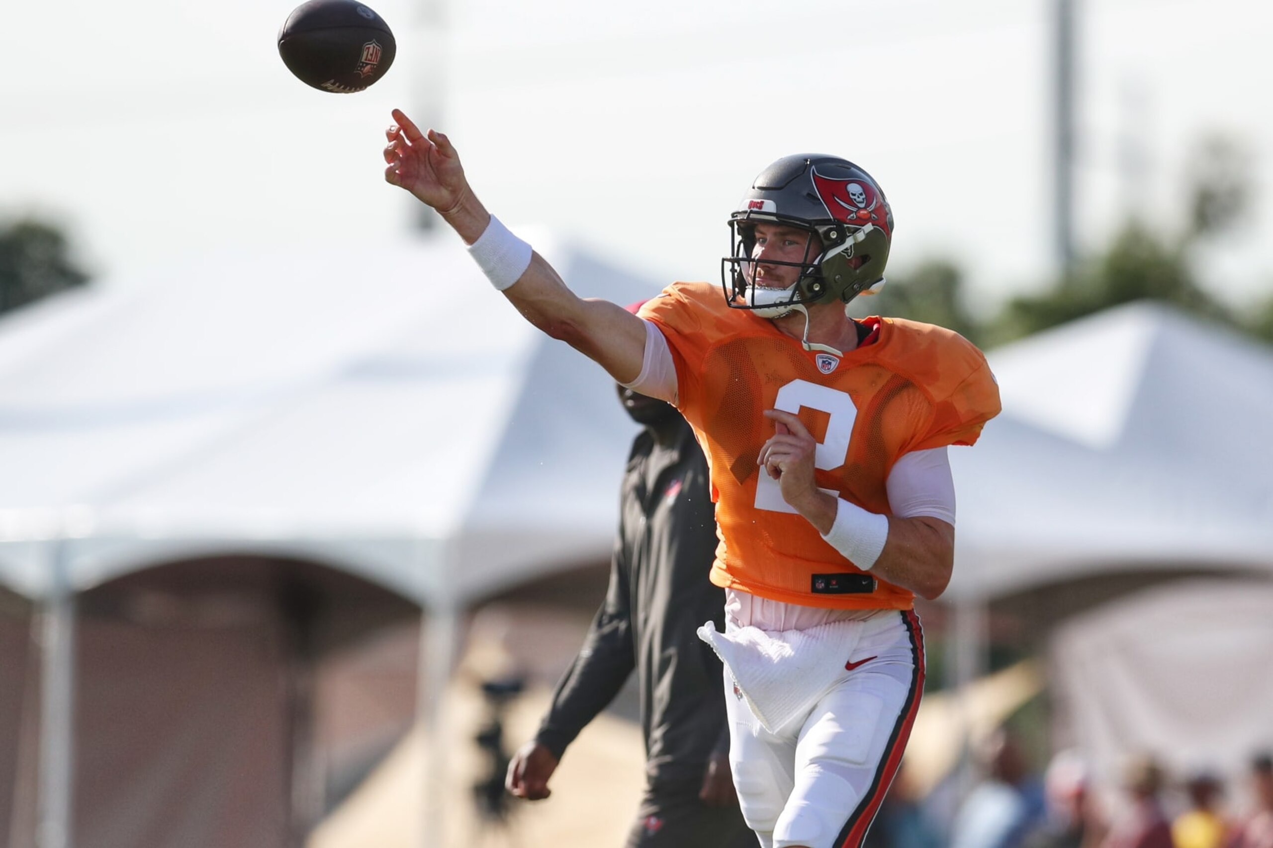 TAMPA, FL - JUL 31: Tampa Bay Buccaneers Quarterback Kyle Trask (2) goes thru a drill during the Tampa Bay Buccaneers Training Camp on July 28, 2023 at the AdventHealth Training Center at One Buccaneer Place in Tampa, Florida. (Photo by Cliff Welch/Icon Sportswire via Getty Images)